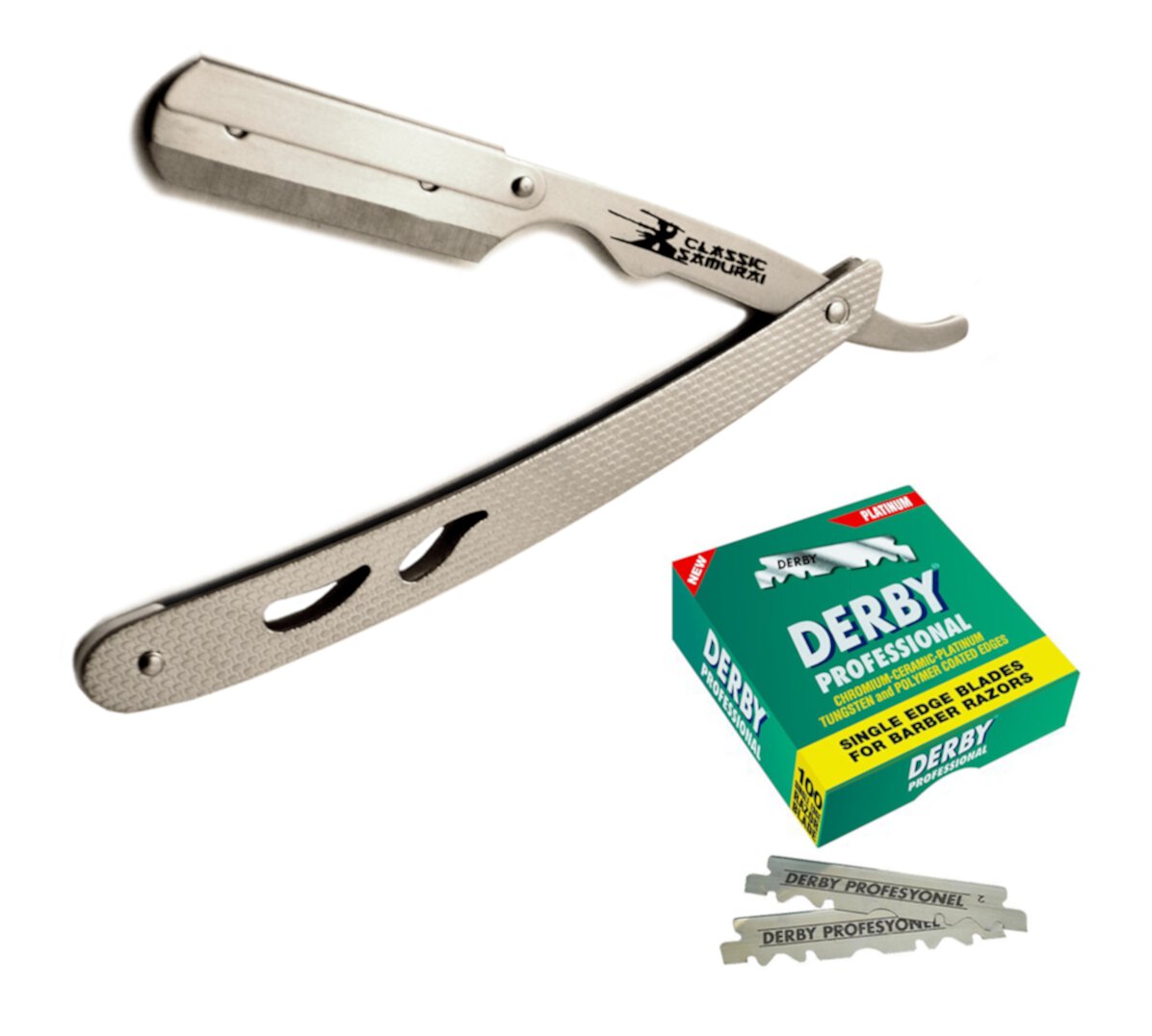 Classic Samurai CS102-MP Stainless Steel Professional Folding Straight Shaving Razor, Shavette with 100 Derby Blades Classic Samurai