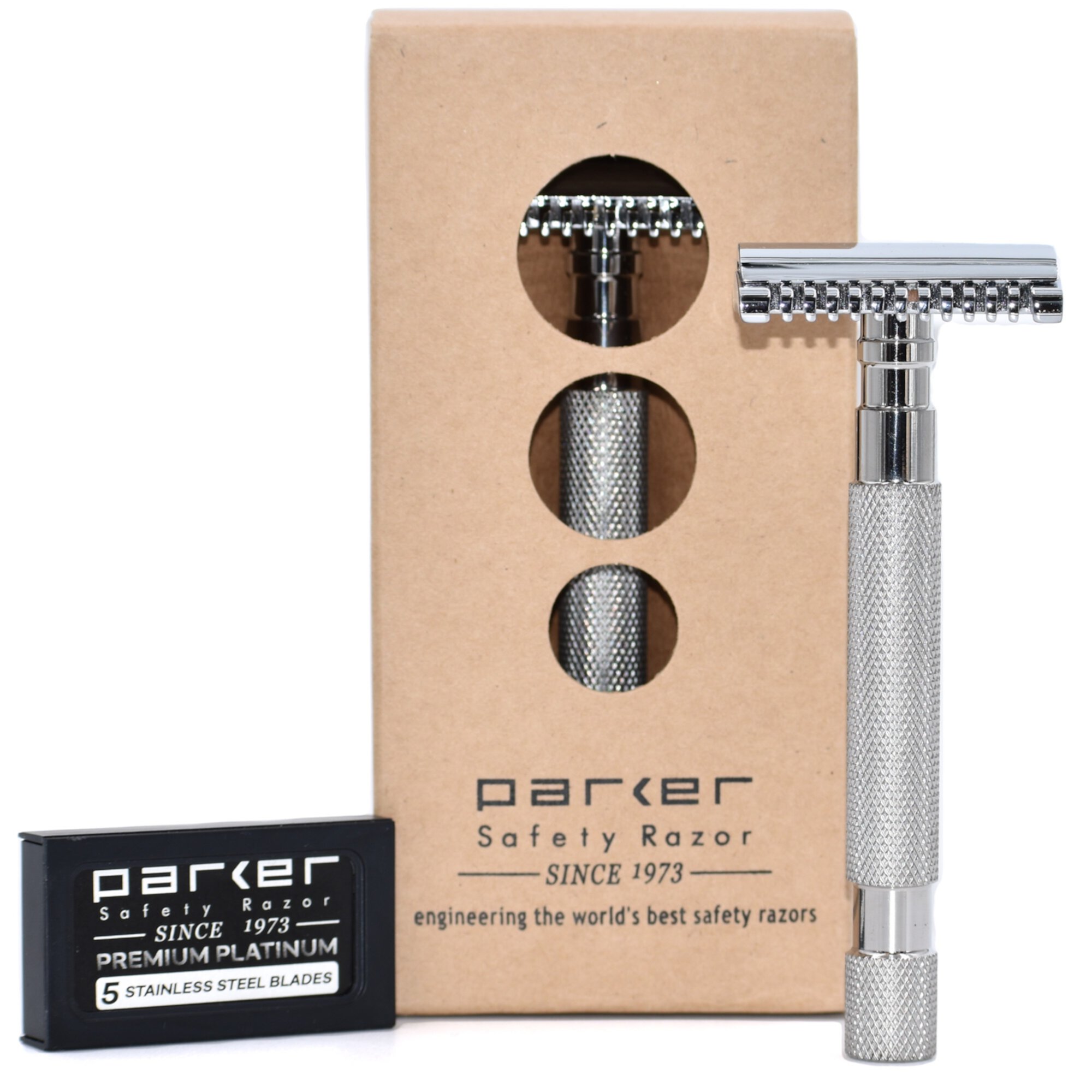 Parker Safety Razor 68S Stainless Steel Handle Double Edge Safety Razor with 5 Parker Razor Blades Parker Safety Razor