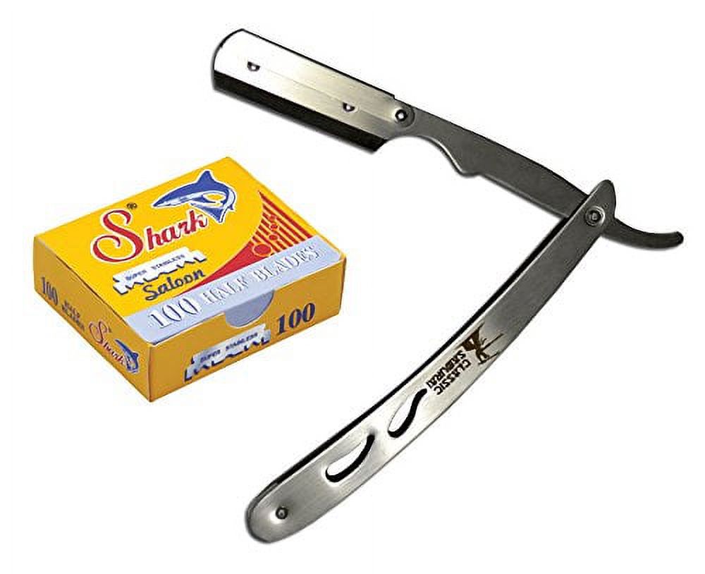 Classic Samurai CS-102 Stainless Steel Professional Barber Straight Edge Razor with 100 Shark Single Edge Razor Blades Classic Samurai