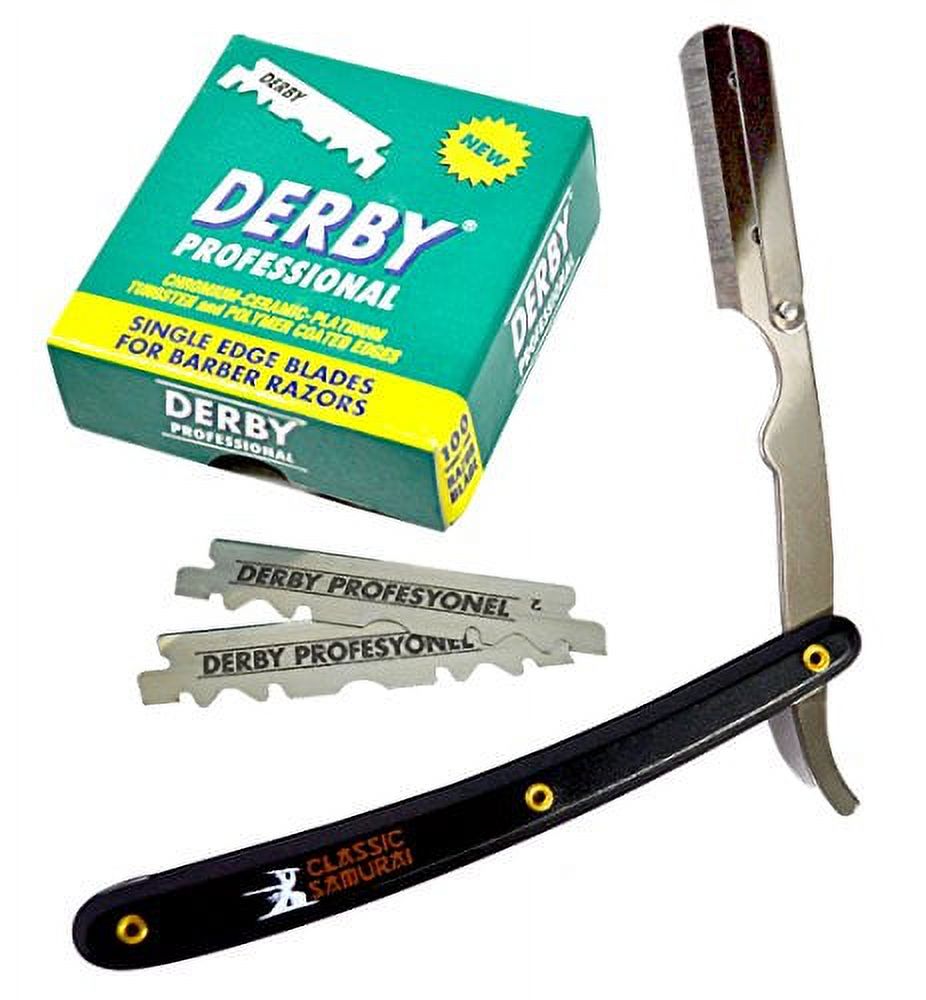 Classic Samurai Stainless Steel Professional Barber Straight Edge Razor with 100 Derby Single Edge Razor Blades (Black) Classic Samurai