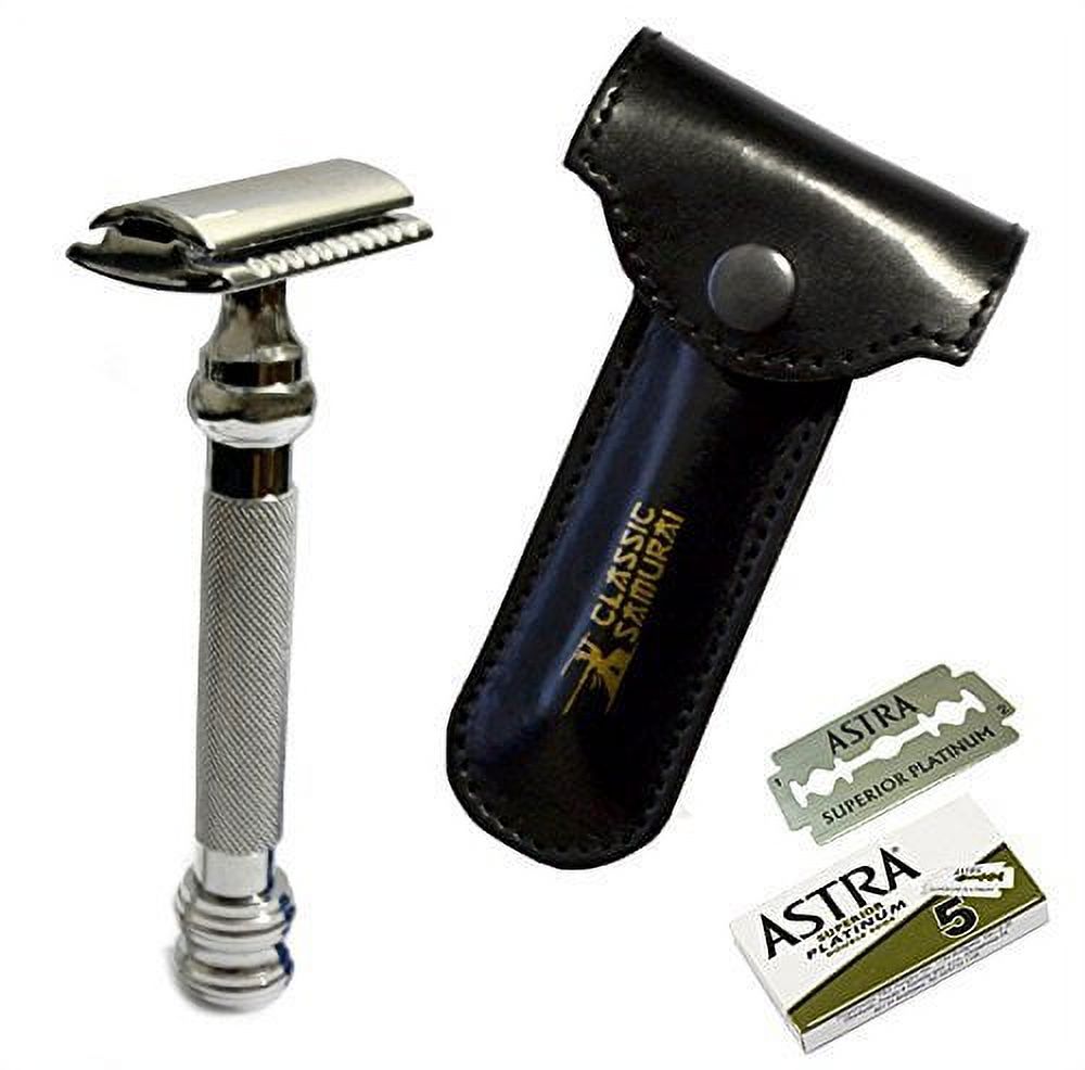 Classic Samurai CS-206 Heavy Duty "Barber Pole" Long Double Edge Safety Razor with Genuine Leather Shaving Travel/Protec Classic Samurai