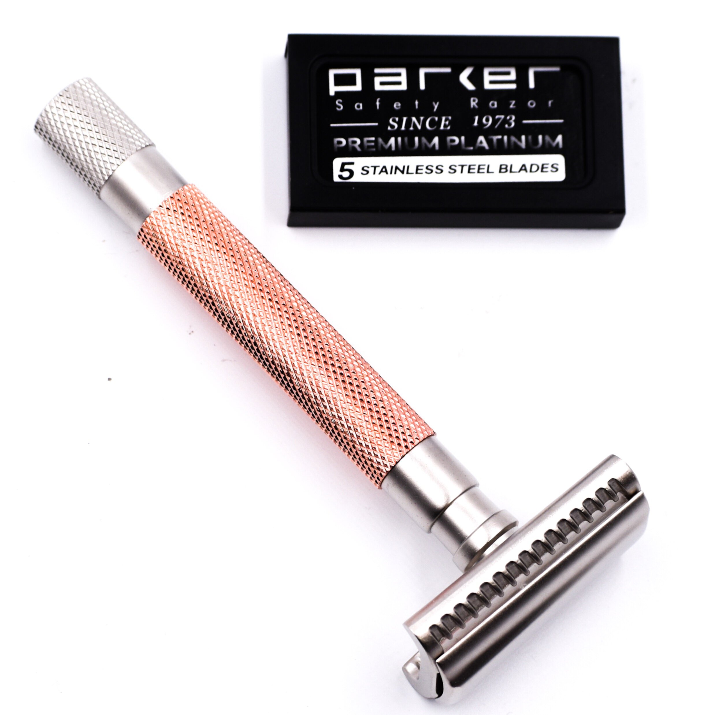 Parker's Semi Slant Safety Razor and 5 Parker Premium Double Edge Razor Blades - Rose Gold Parker Safety Razor