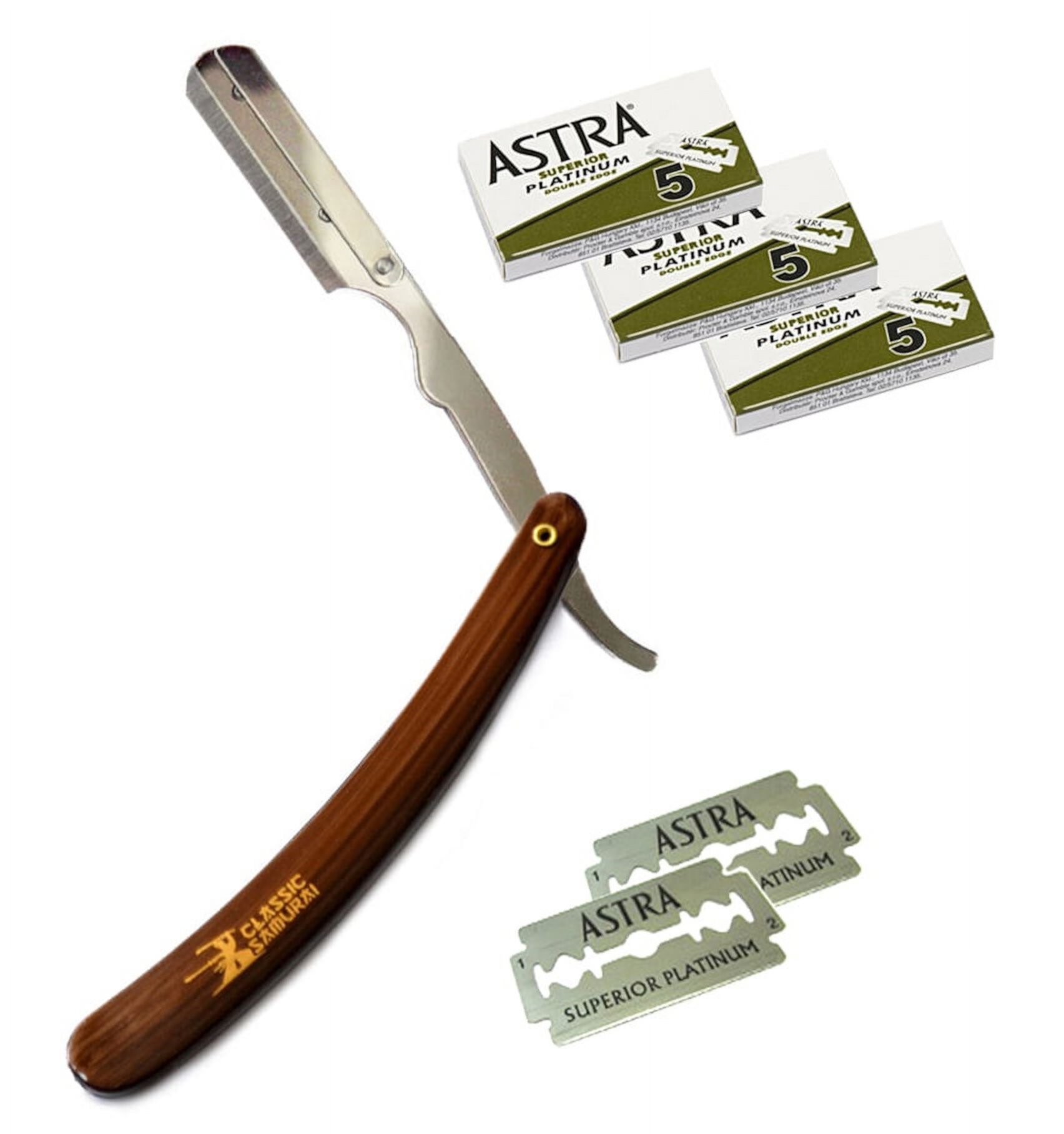 Brown Stainless Steel Professional Barber Straight Edge Razor with 15 Astra Double Edge Razor Blades Classic Samurai