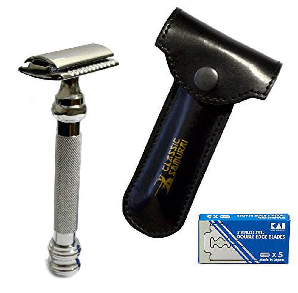 CS-206 Classic Samurai Heavy Duty "Barber Pole" Long Double Edge Safety Razor with Genuine Leather Shaving Travel/Protective Case and 5 KAI Stainless Steel Japanese Razor Blades Classic Samurai