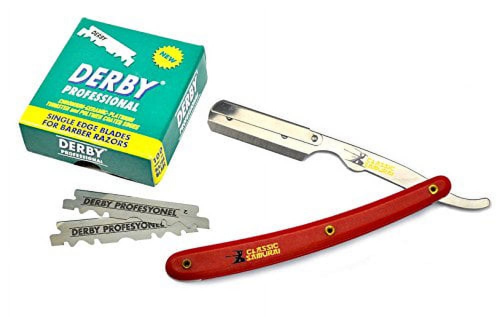 Classic Samurai Stainless Steel Professional Barber Straight Edge Razor with 100 Derby Single Edge Razor Blades (Red) Classic Samurai