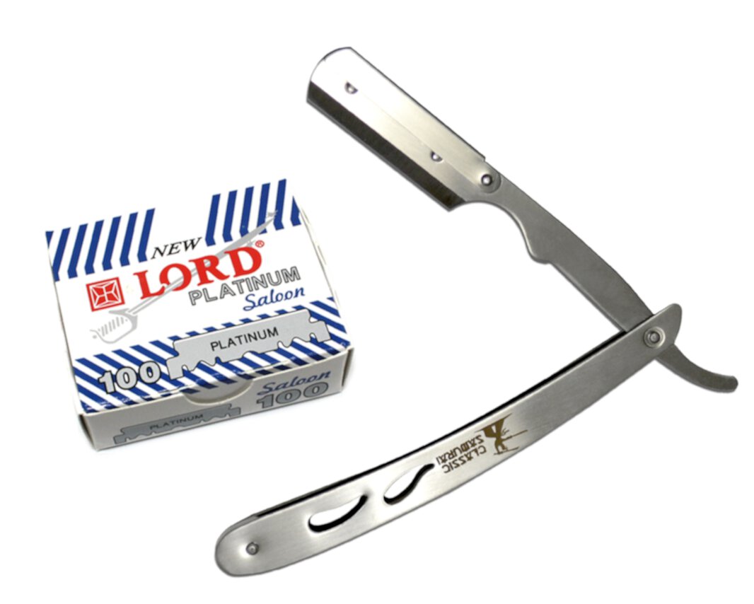 CS-102 Stainless Steel Professional Barber Straight Edge Razor with 100 Lord Platinum Single Edge Razor Blades Classic Samurai