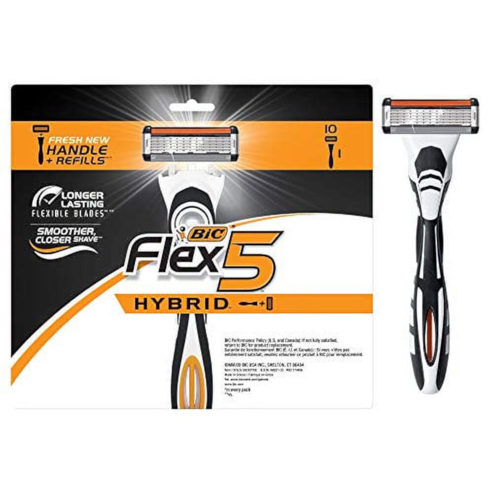 BIC Flex 5 Hybrid Men's 5-Blade Disposable Razor, 1 Handle and 10 Cartridges BIC