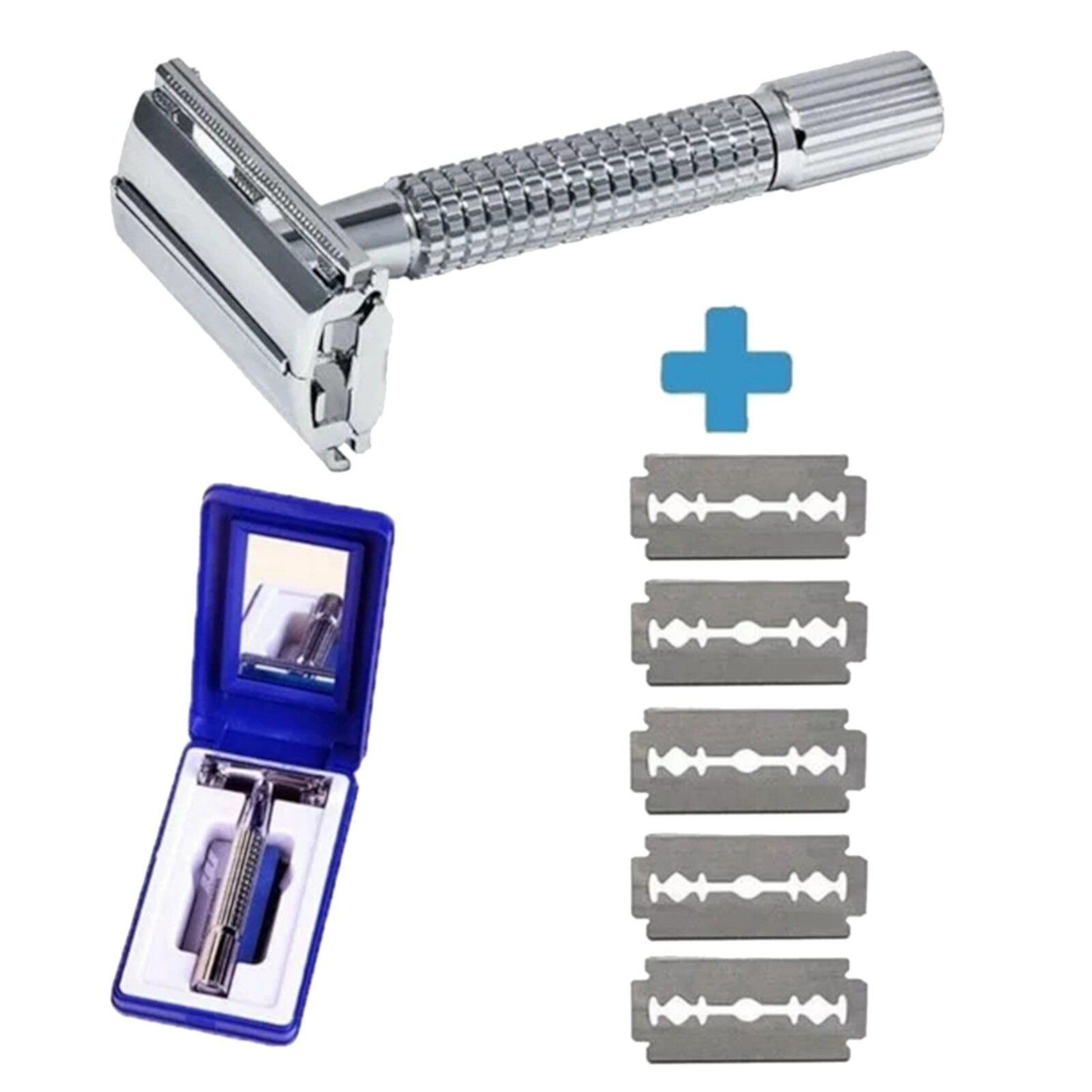 BKBP Long Handle Double Edge Safety Razor -Butterfly Open Razor with 5 Stainless Steel Double Edge Safety Razor Blades - Close, Clean Shaving Razor for Men BKBP