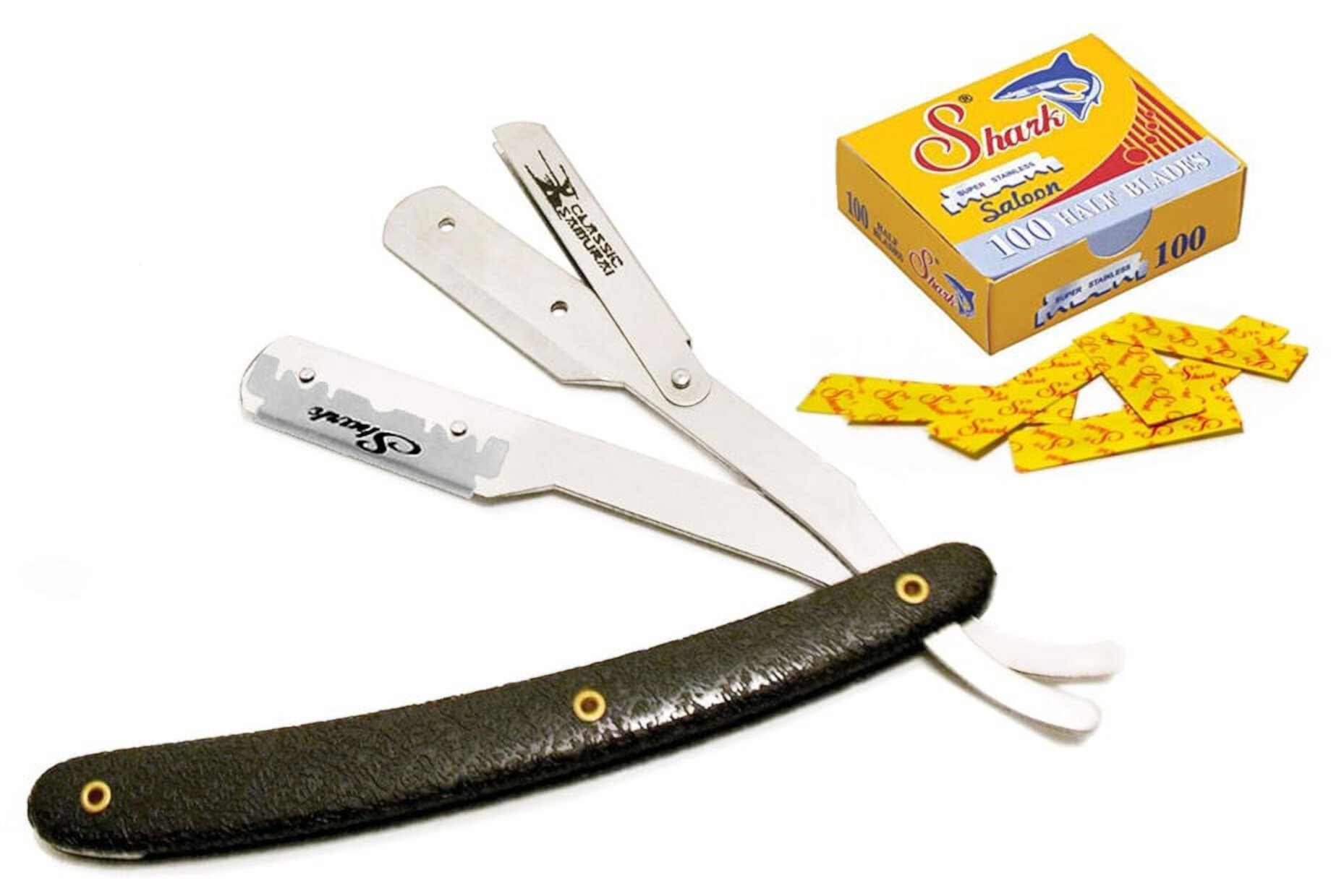 Stainless Steel Straight Razor, Shavette w/ 100 Shark Single Edge Razor Blades Classic Samurai