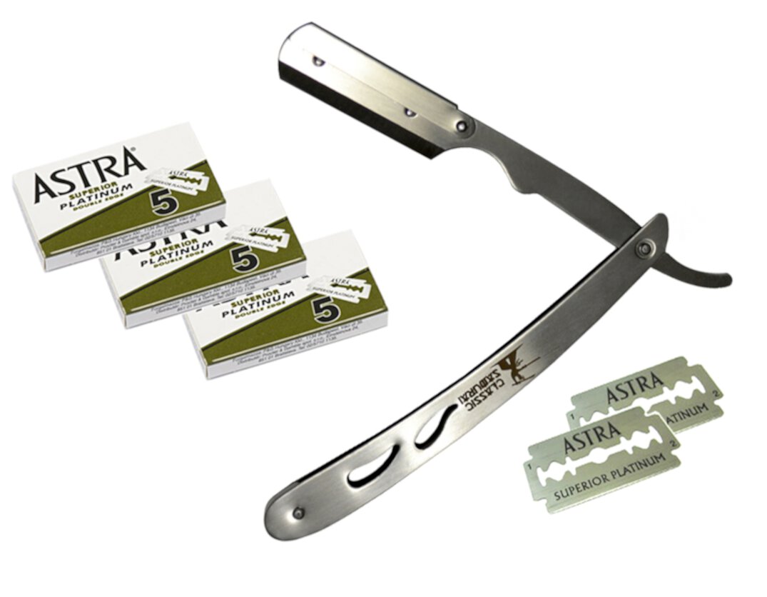 Classic Samurai  Stainless Steel Professional Barber Straight Edge Razor with 15 Astra Double Edge Razor Blades Classic Samurai