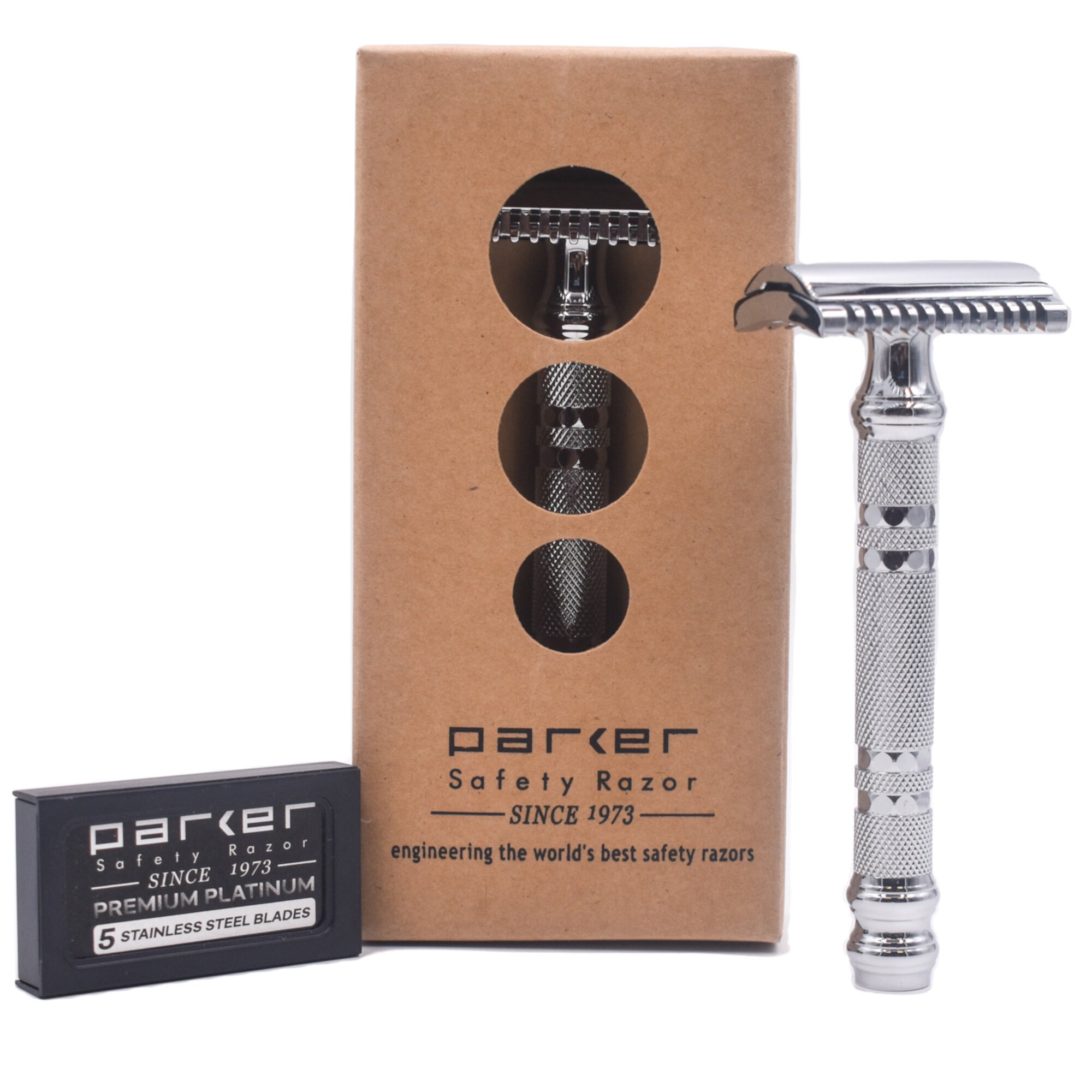 Parker Safety Razor 24C Three-Piece Open Comb Double Edge Safety Razor & 5 Parker Premium Blades Parker Safety Razor