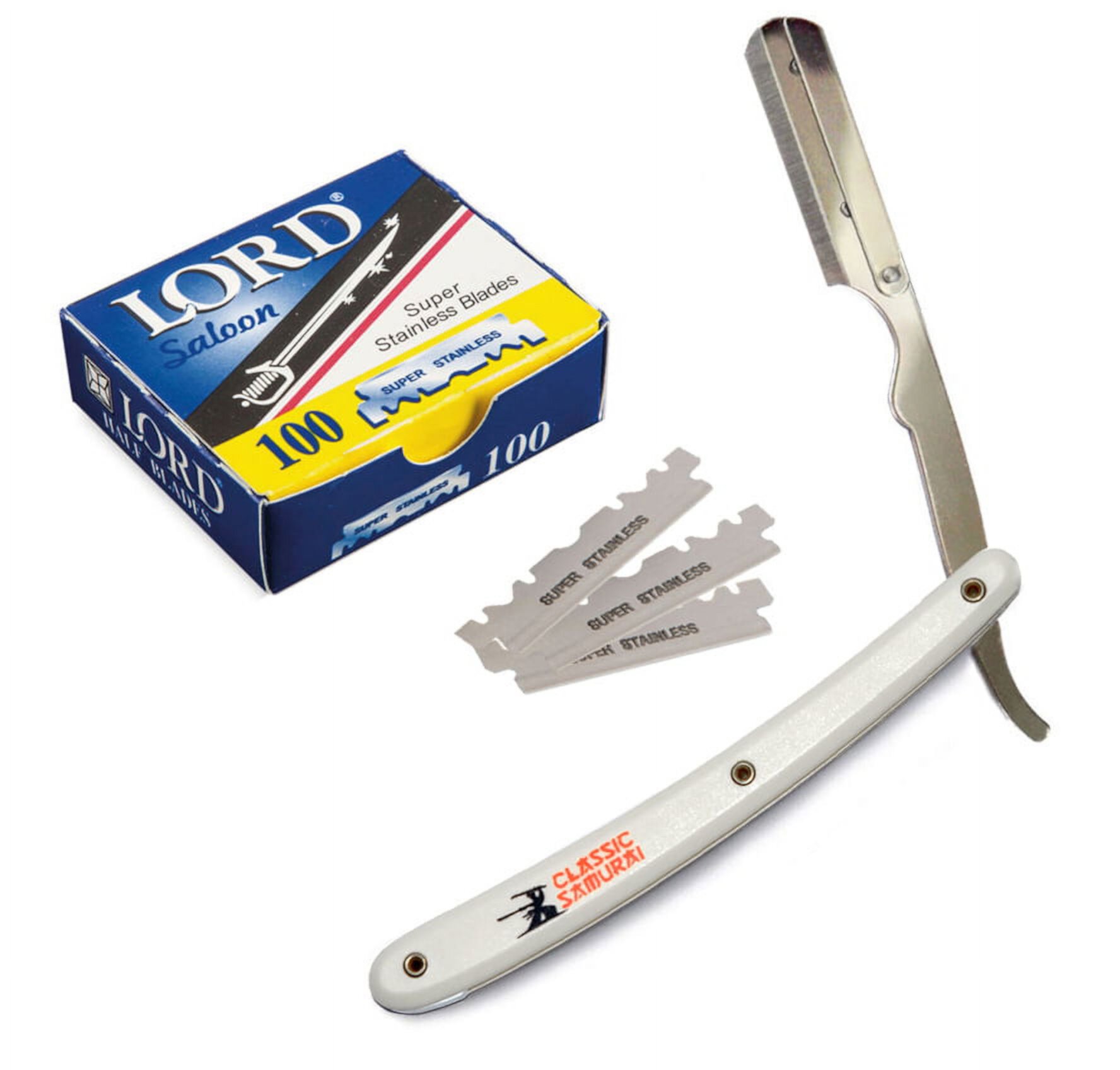 White Stainless Steel Professional Barber Straight Edge Razor with 100 Lord Single Edge Razor Blades Classic Samurai