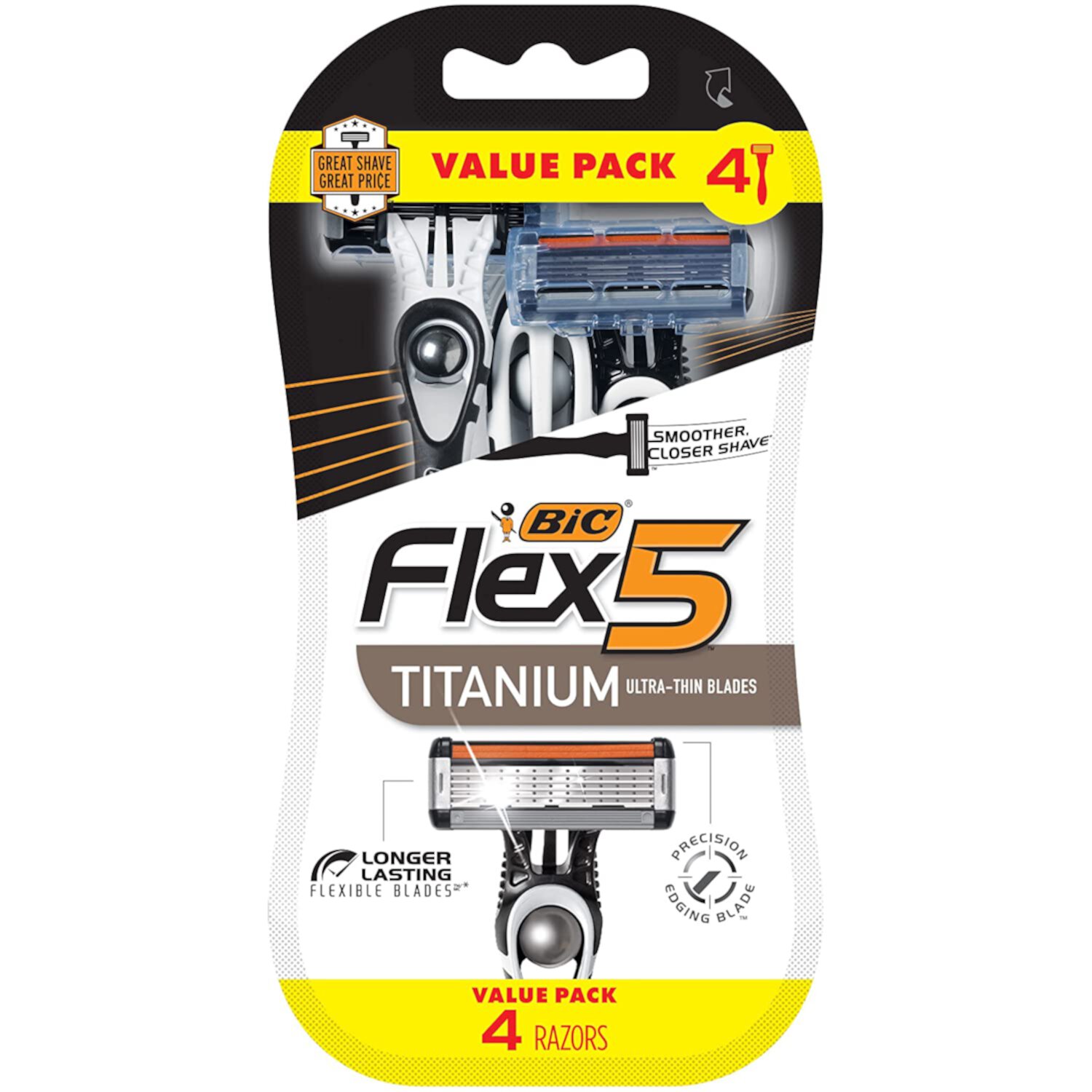 BIC Flex 5 Titanium 5-Blade Disposable Razor for Men, Sensitive Skin Razor For a Smooth, Comfortable and Close Shave, 4 Piece Razor Set BIC