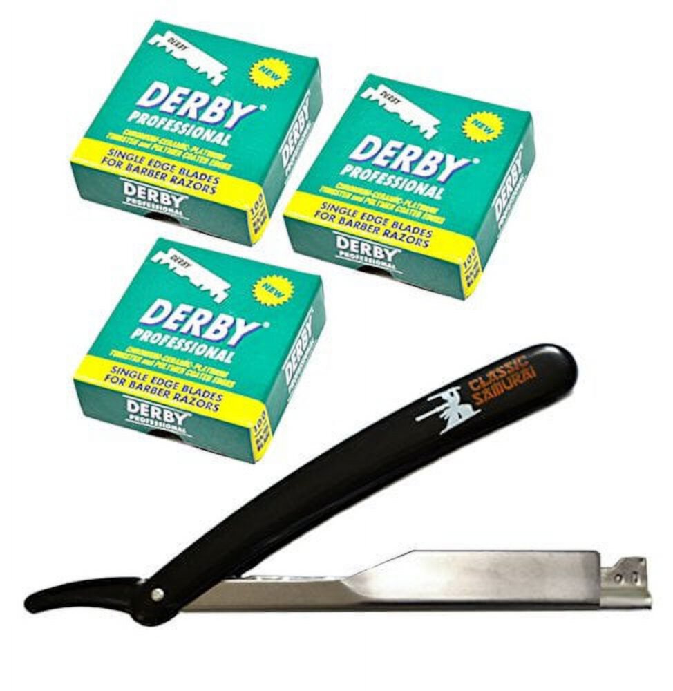 300 Derby Professional Single Edge Razor Blades with Classic Samurai Barber Straight Edge Razor Classic Samurai