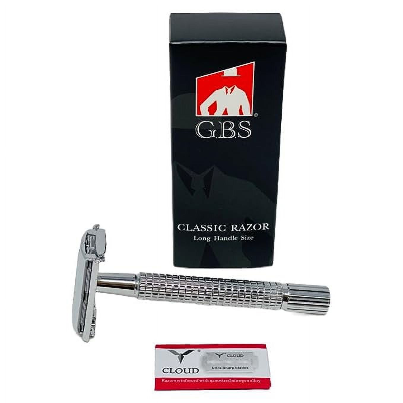 G.B.S Long Handle Classic Double Edge Safety Razor - Butterfly Open Razor 10 Stainless Steel Double Edge Blades - Close, Clean Shaving Razor for Men G.B.S