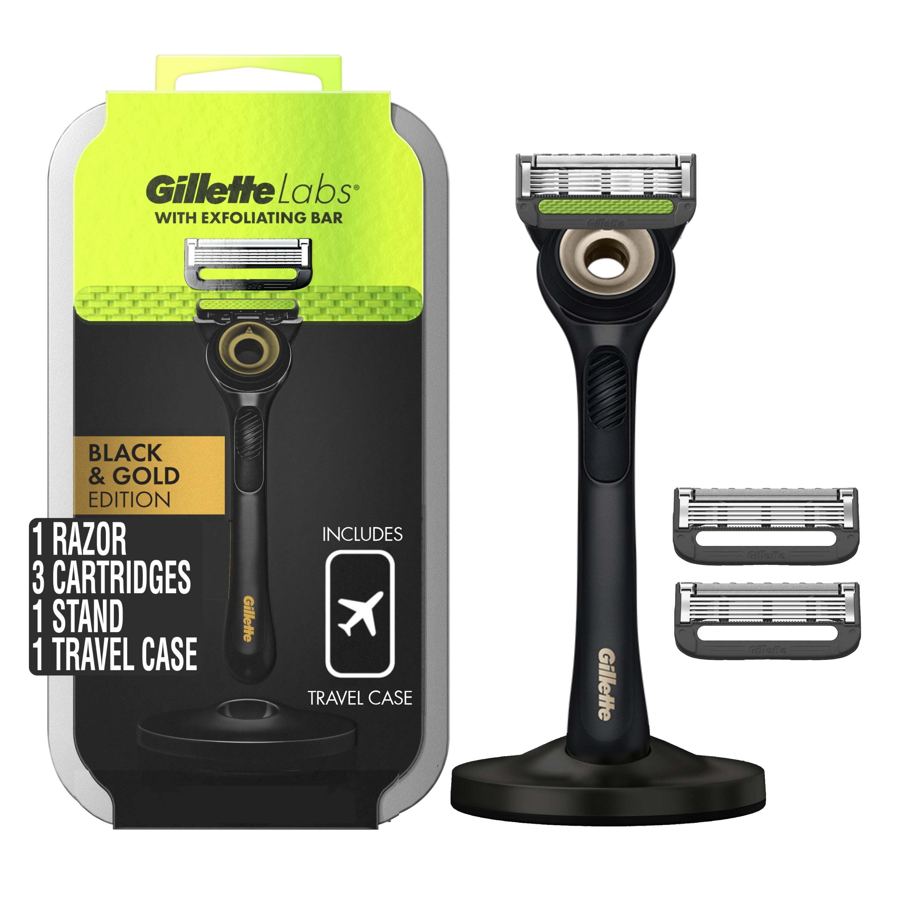 Gillette Labs with Exfoliating Bar Men's Manual Razor Gold Edition with Travel Case, Includes 3 Razor Blade Refills and Premium Magnetic Stand Gillette