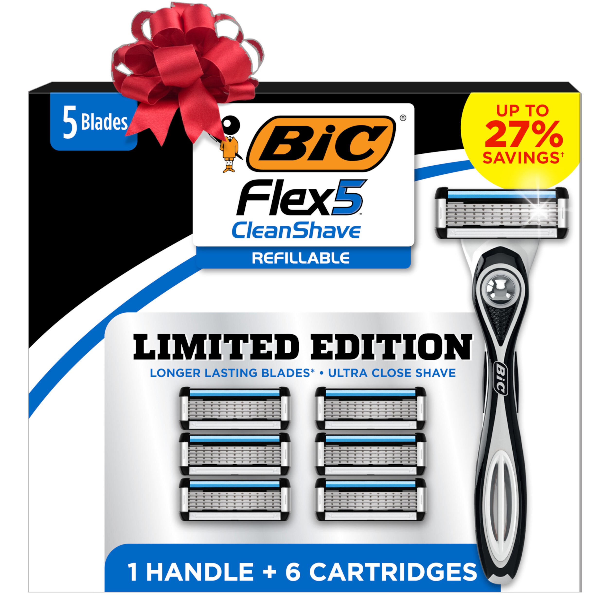 BIC Flex 5 Refillable Men's Razors, 5-Blade Razors, Non-Slip Grip, 1 Handle, 6 Cartridges, 7-Piece Gift Set for Him BIC