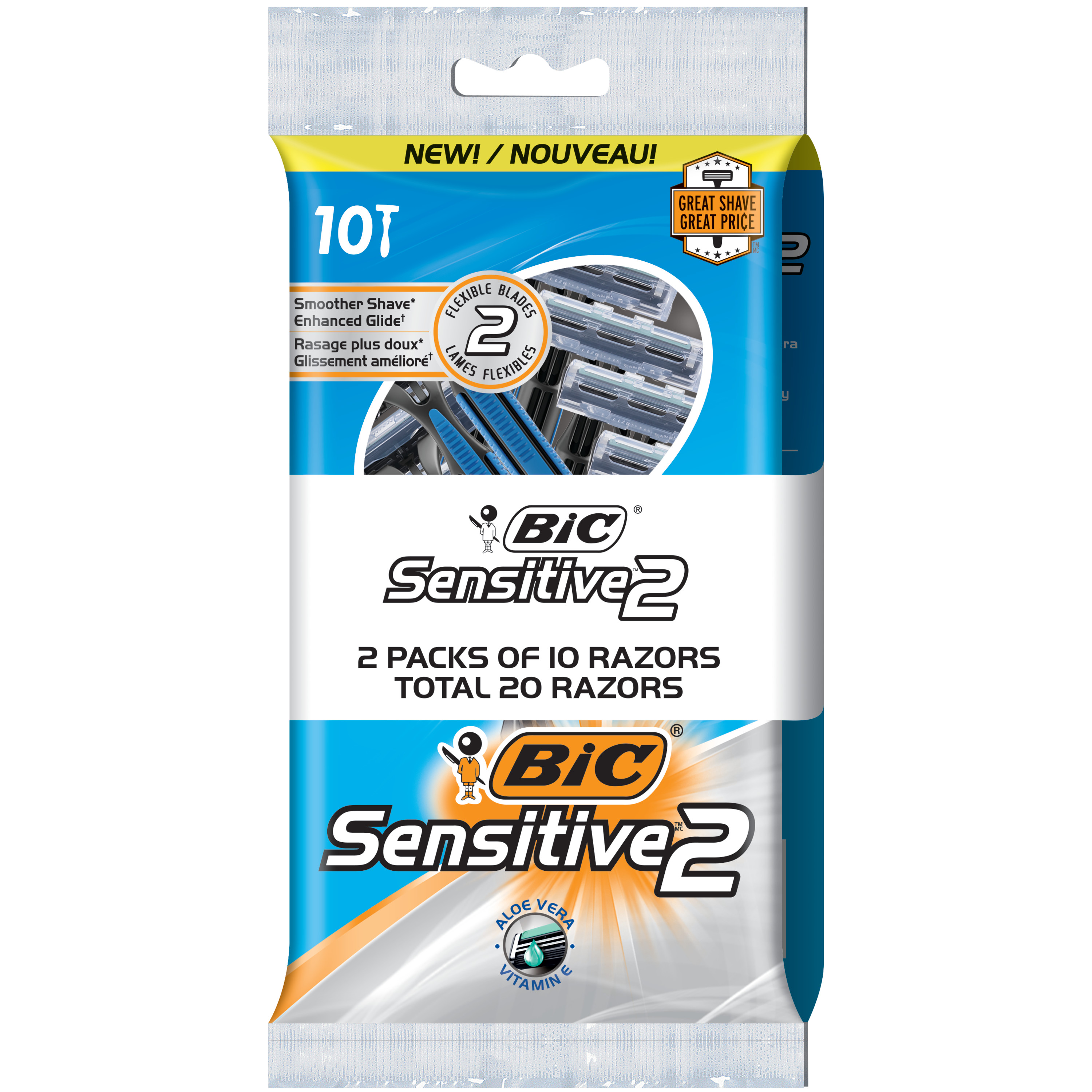 BIC Sensitive 2 Men's Disposable Razor, 20-Count, Two Blades for Enhanced Glide, Great Shave and Great Price BIC