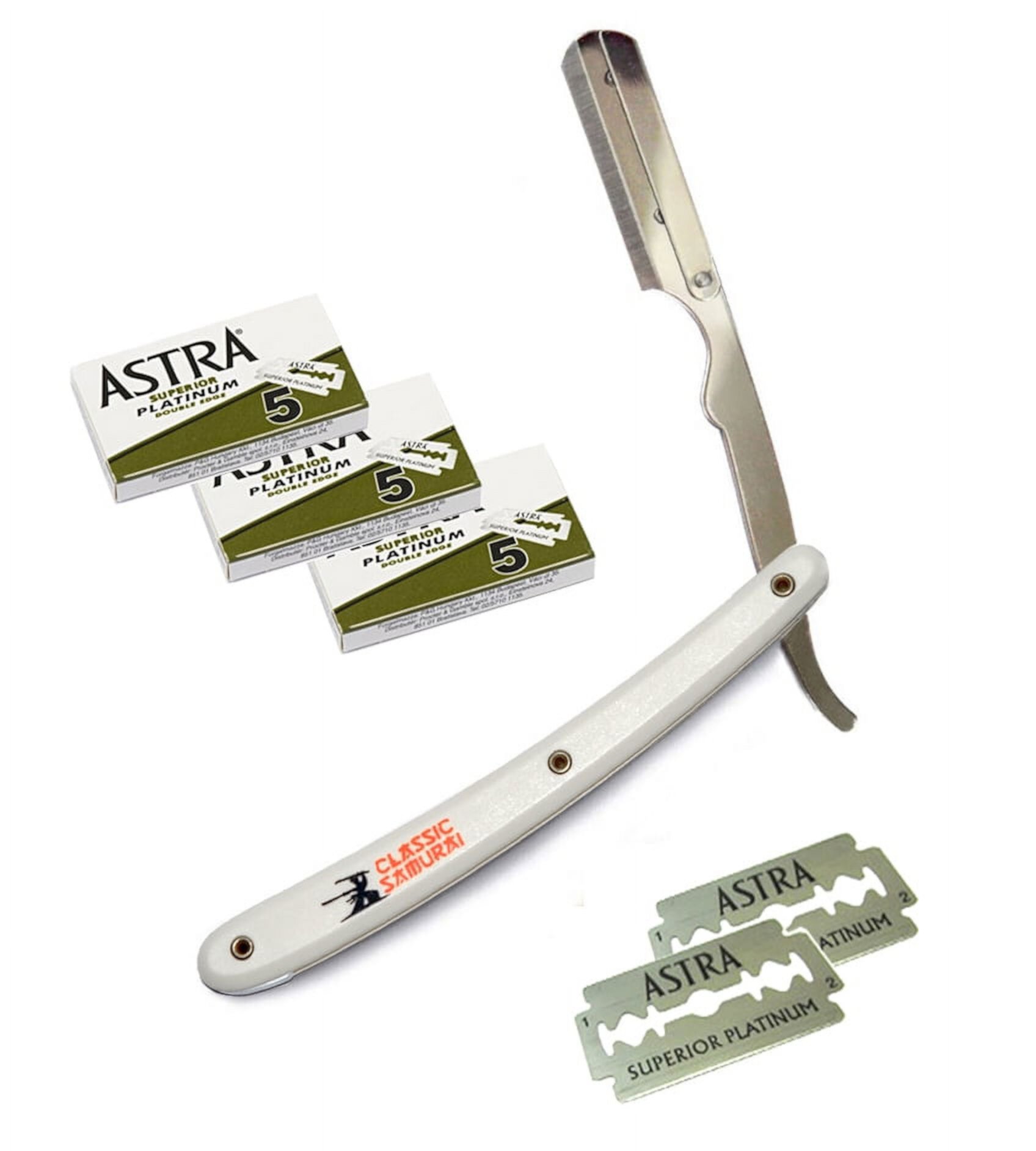 White Stainless Steel Professional Barber Straight Edge Razor with 15 Astra Double Edge Razor Blades Classic Samurai