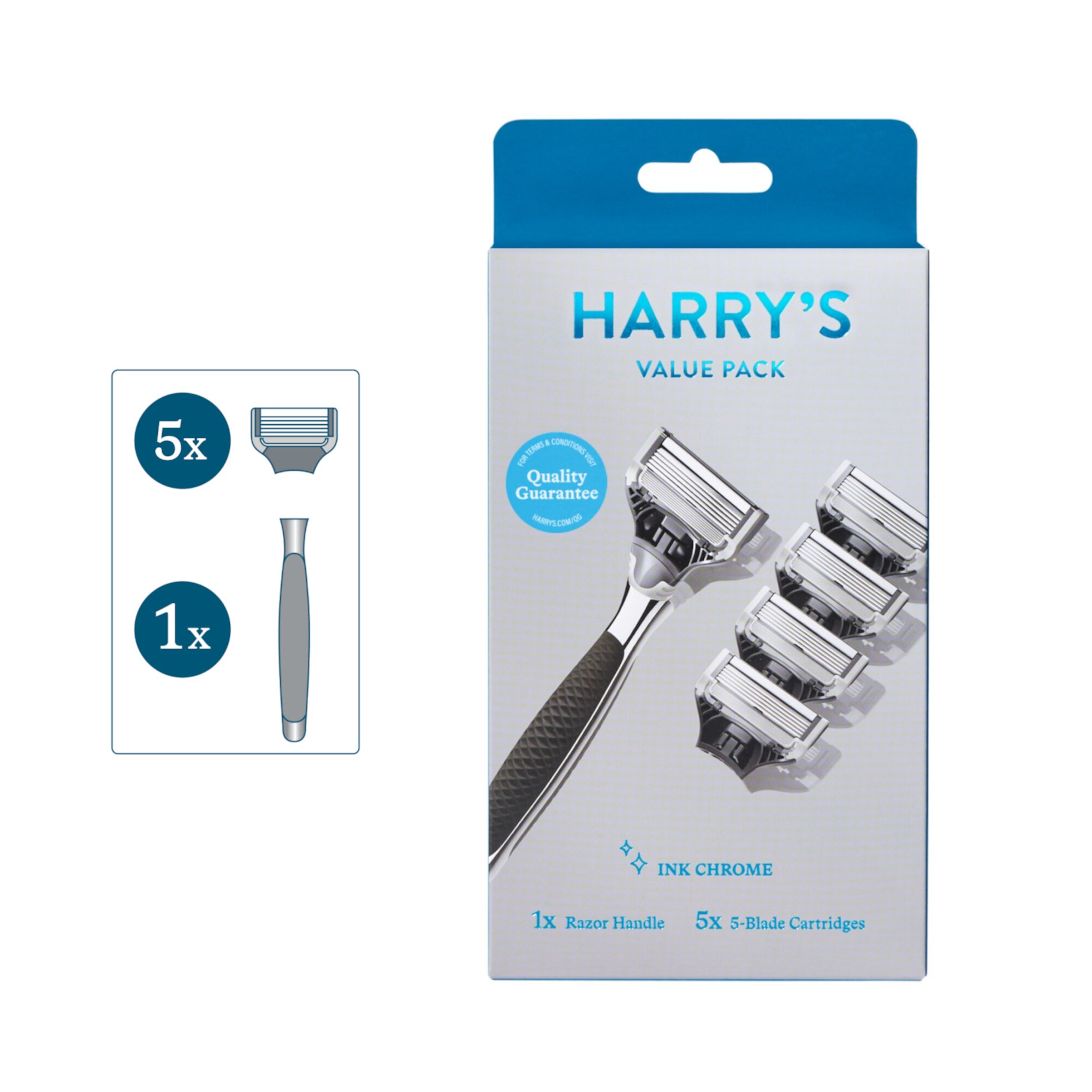 Harry's Chrome Men's Razor Multipack: 1 Crome Razor Handle + 5 Razor Blade Cartridges, Ink Chrome Harry London