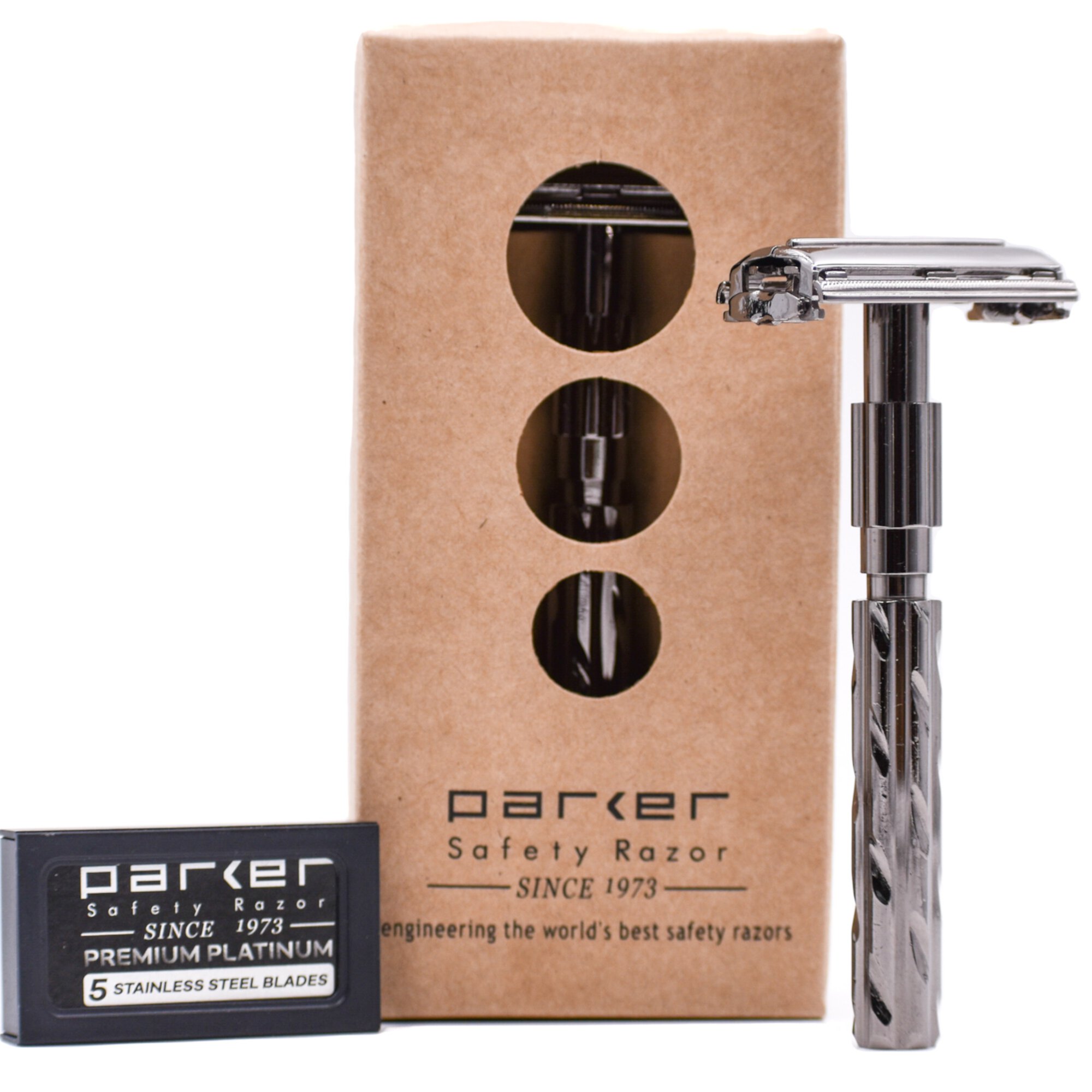 Parker 22R - Gunmetal Finish Butterfly Open Safety Razor and 5 Parker Razor Blades Parker Safety Razor