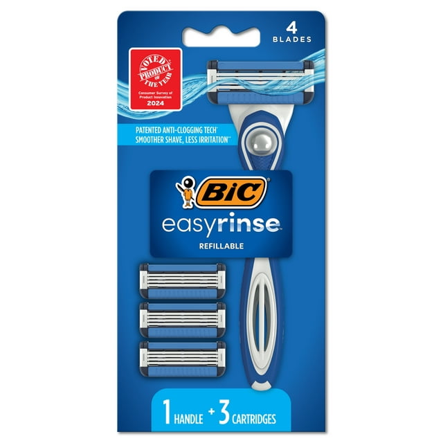 BIC EasyRinse Anti-Clogging Refillable Razors, Men's, 4-Blade, 1 Handle and 9 Refill Cartridges BIC