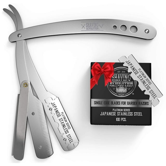 Viking Revolution - Straight Edge Barber Razor - Professional Straight Blade Razor for Men with 100 Single Edge Blades - Silver Viking Revolution