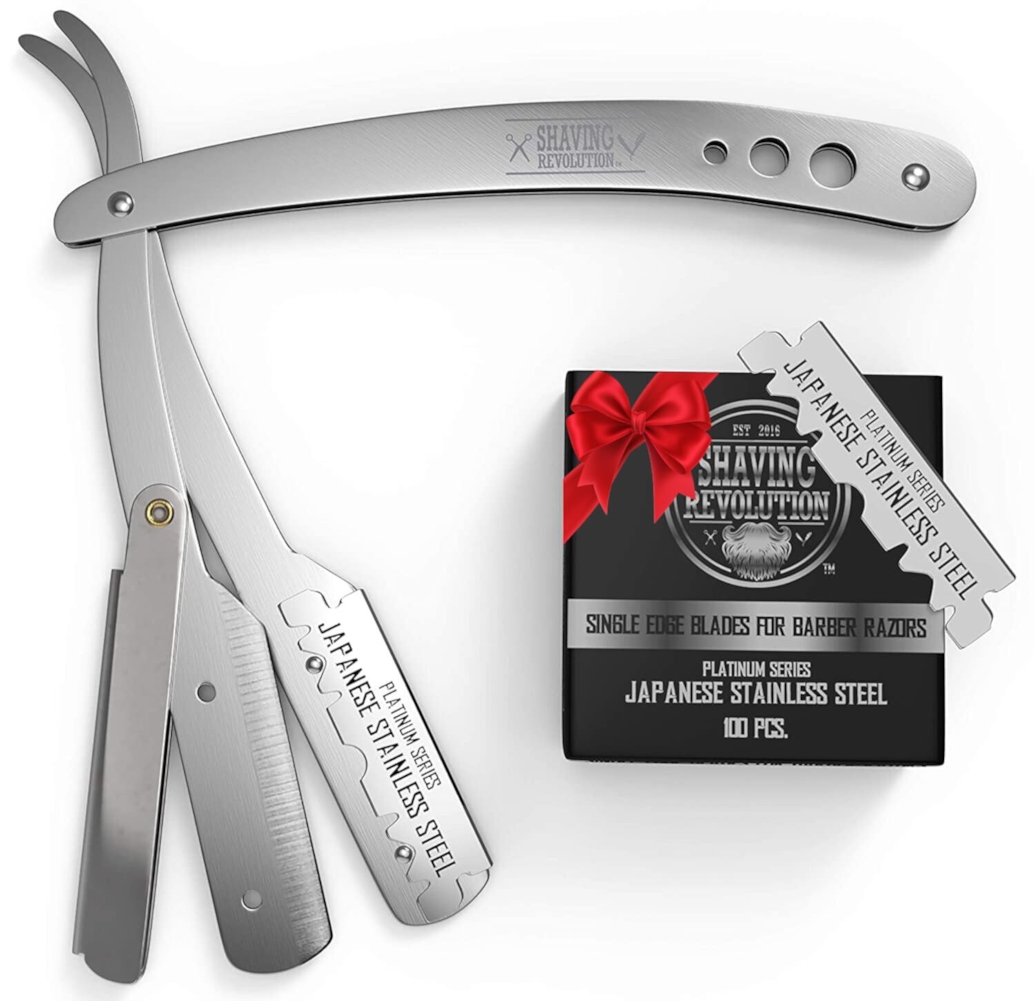 Viking Revolution - Straight Edge Barber Razor - Professional Straight Blade Razor for Men with 100 Single Edge Blades - Silver Viking Revolution