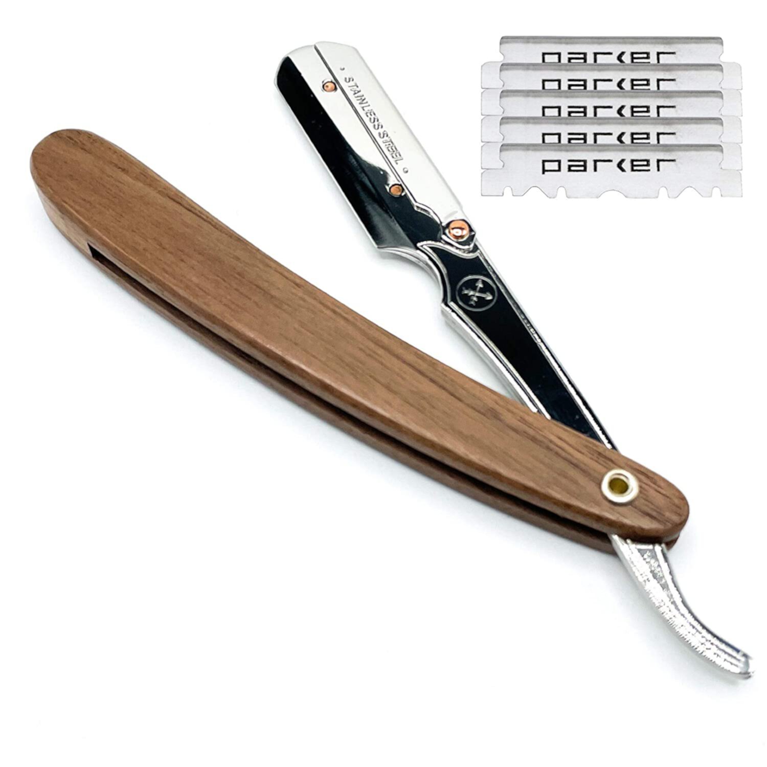 Parker's Walnut Wood Handle Barber Straight Razor for Men and 5 Razor Blades Parker Safety Razor