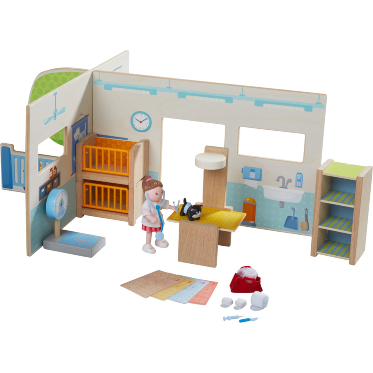 HABA Little Friends Veterinary Clinic Play Set - 4 Detailed Rooms with 1 Vet Figure, Kitten, Kennels and Accessories Haba