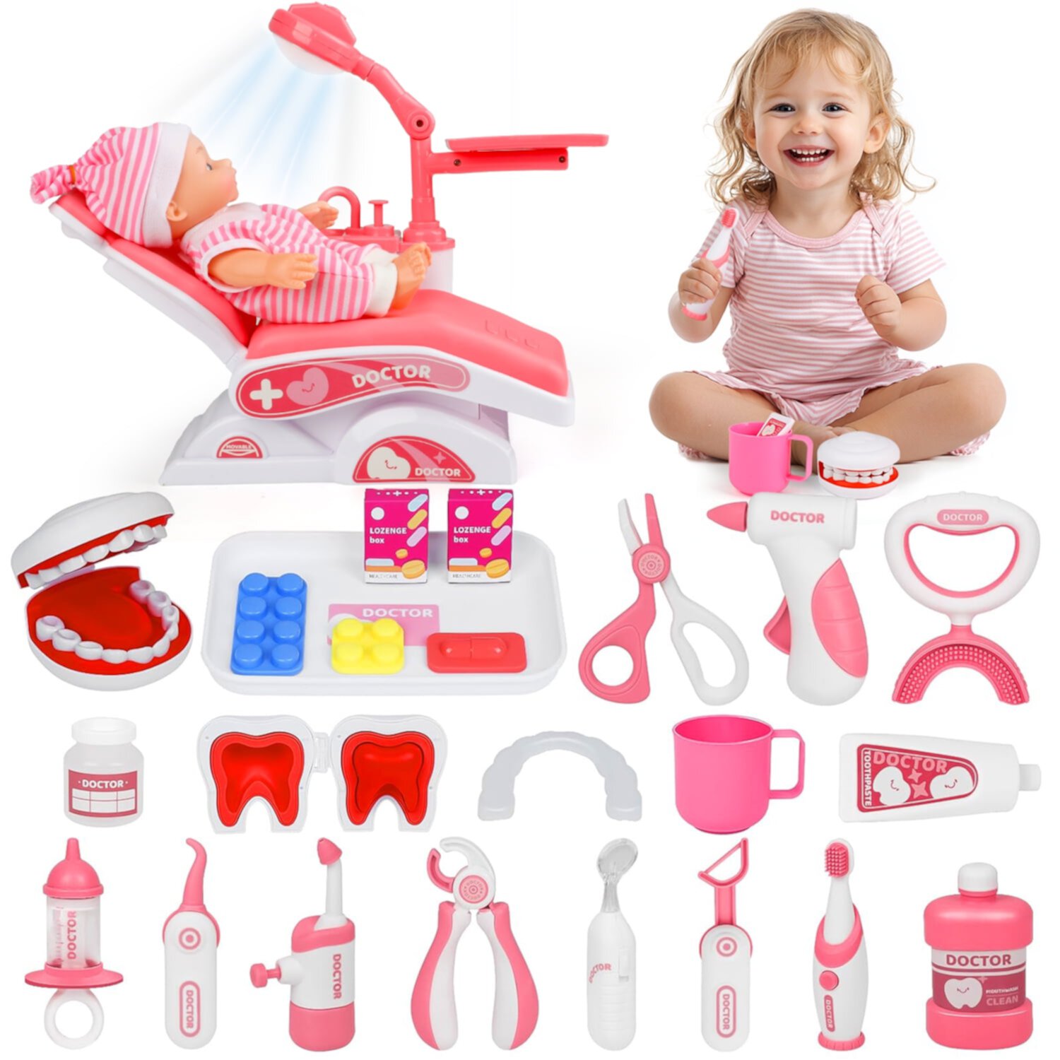 HopeRock Kids Doctor Kit for Toddlers 3-5, 28PCS Pretend Doctor Kit Dentist Play Set Toys , Birthday Christmas Gifts for 3 4 5 6 Year Old Girls, Pink HopeRock