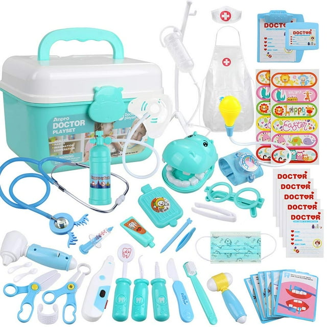 Anpro Doctor Kit for Kids, 46Pcs Blue Medical Toy Kids Pretend Play Set with Stethoscope Doctor Role Play Gifts for Toddler Boys & Girls 3-6 Years Anpro