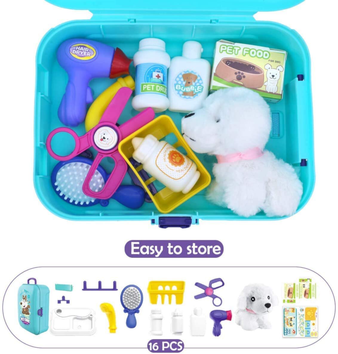 Pet Care Play Set for Kids, 16 Pcs Pretend Medical Play Toy with Backpack, Dog Grooming Kit Educational Toy for 3 4 5 6 7 Year Old Girls Boys Syenll