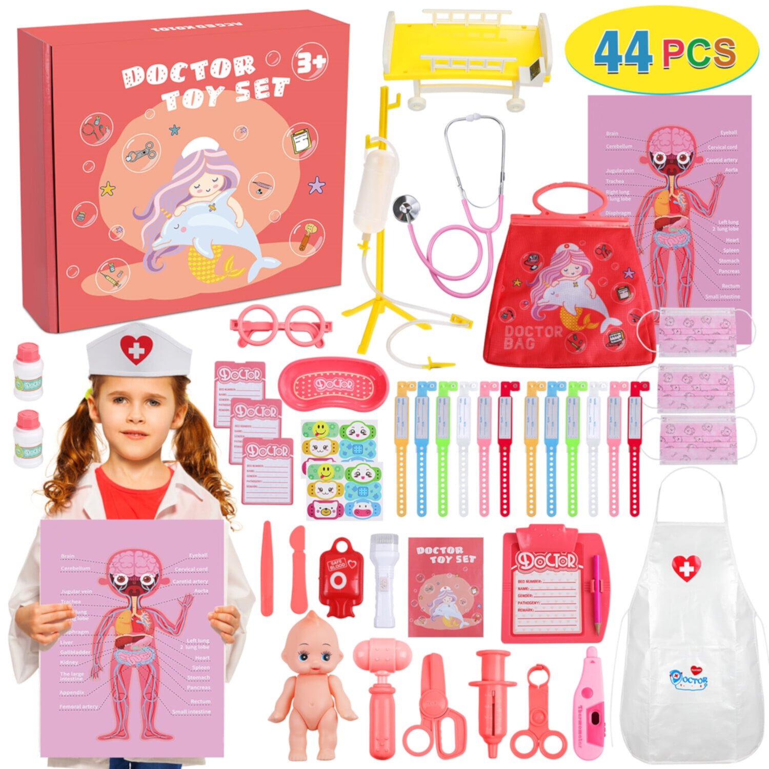 Doctor Kit for Kids, 43pcs Medical Toy Kids Doctor Pretend Play Set with Electronic Stethoscope and Doll, Toddler Doctor Role Play Gift for Boys Ages 3+ Petbank