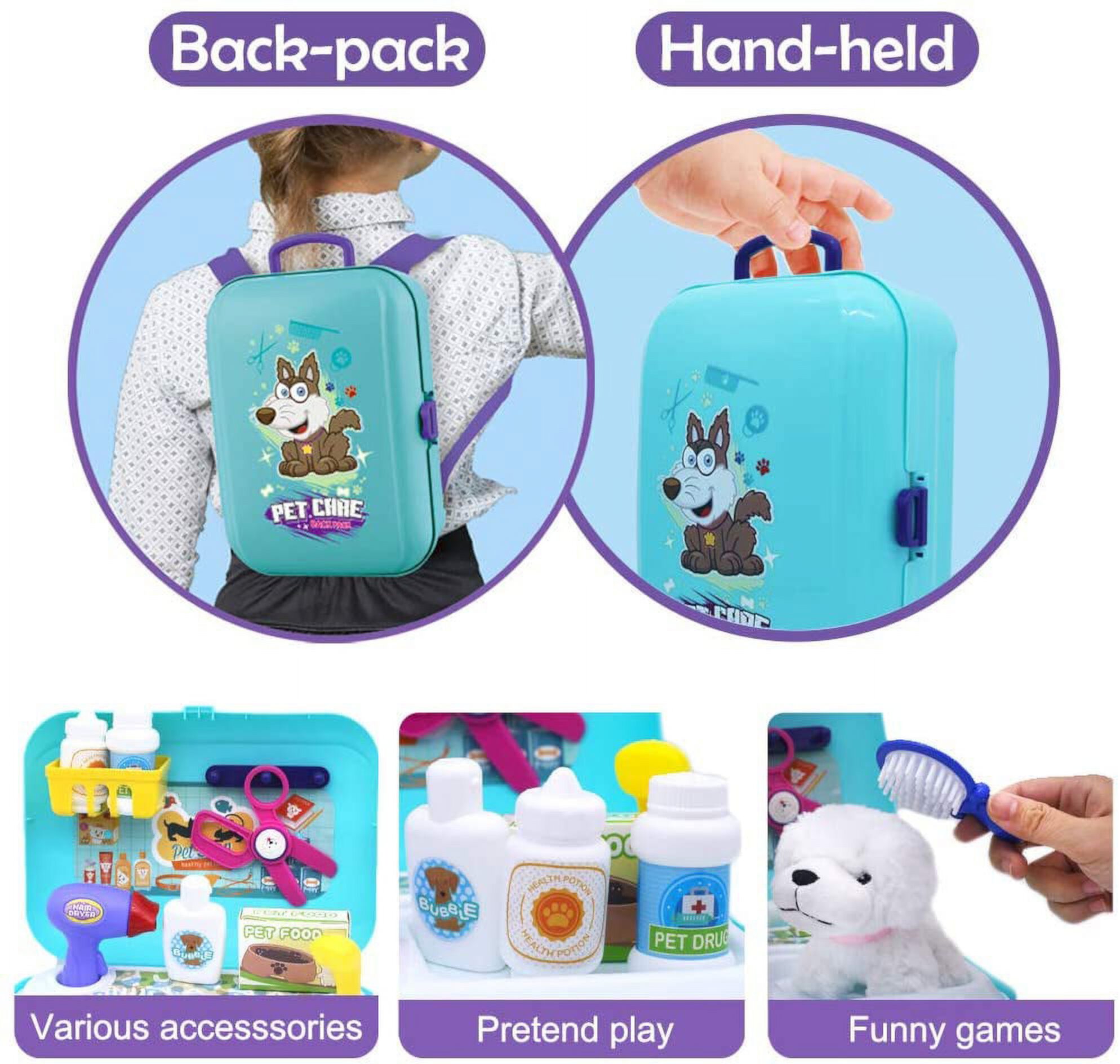 16 Pcs Pet Care Play Set Dog Grooming Kit with Backpack Doctor Set Vet Kit Educational Toy-Pretend Play for Toddlers Kids Children TiokMc