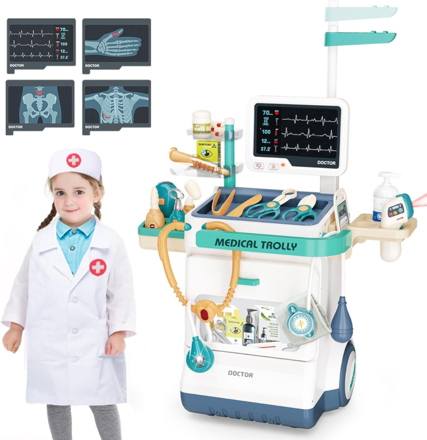 Toy Doctor Kit for Kids, Pretend Medical Station Set for Boys & Girls, 28 Accessories Mobile Cart with Lights and Thermometer, Kids Doctor Kit for Toddlers 3-5 Years Old RUVINCE