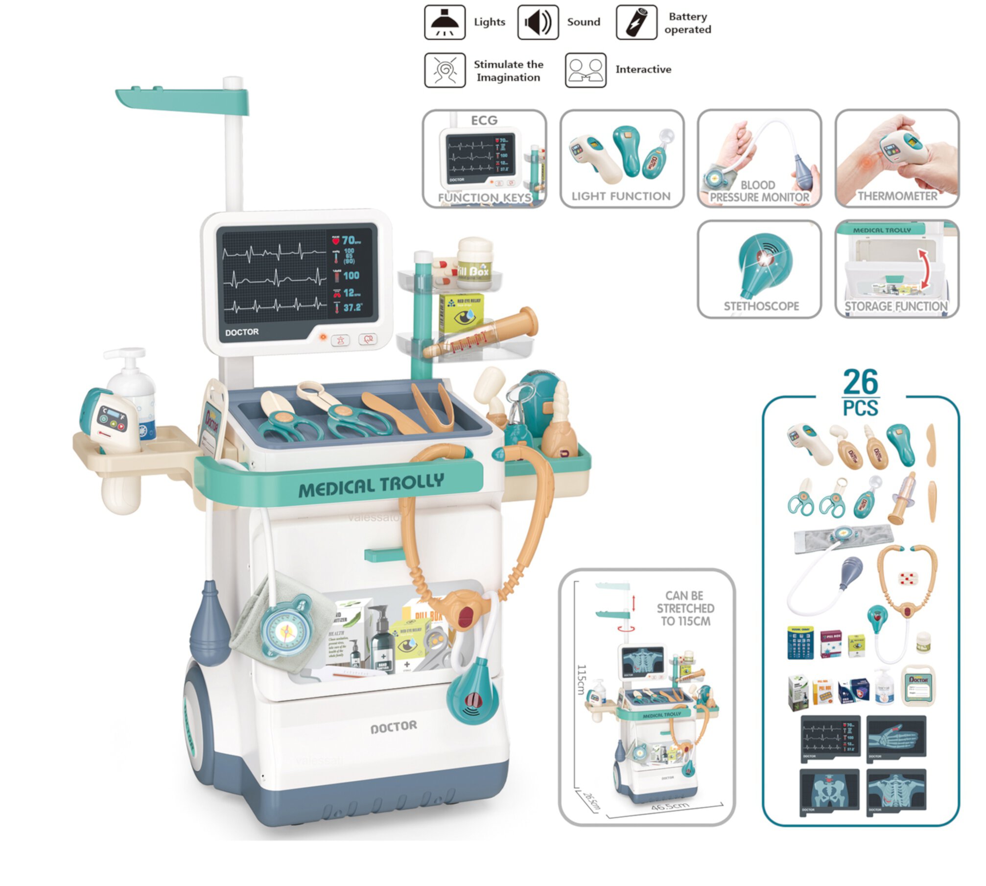 Doctor Set Plastic ABS Medical Station Toy Mobile Cart for Toddlers Age +3 by Mundo Toys Mundo Toys