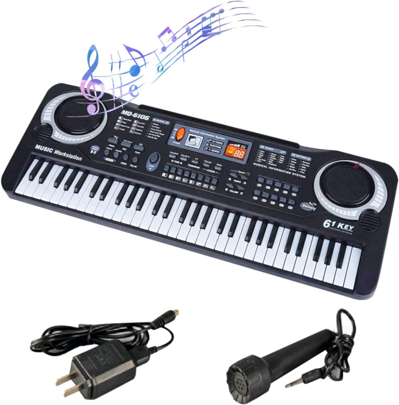 61-Key Digital Electric Piano Keyboard Portable Music Keyboard with Microphone Electric Piano Keyboard for Kids Teaching Toys, Black PINXOR