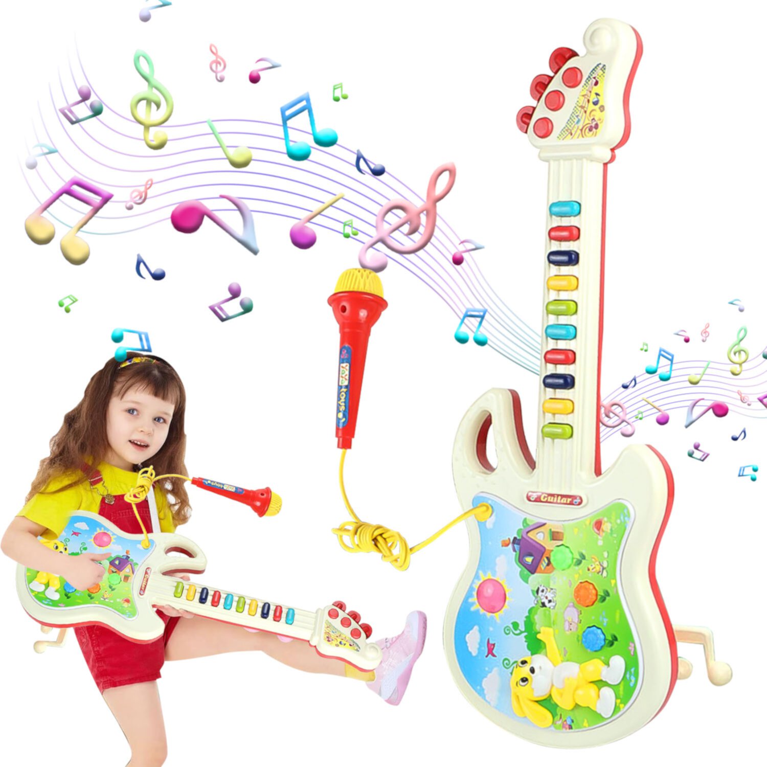 Style-Carry Toddler Guitar and Microphone Toys, Pretend Play Musical Instruments Educational Toys for Age 2 3 4 5 6 Girls Boys, Light and Sound Gifts Style-Carry