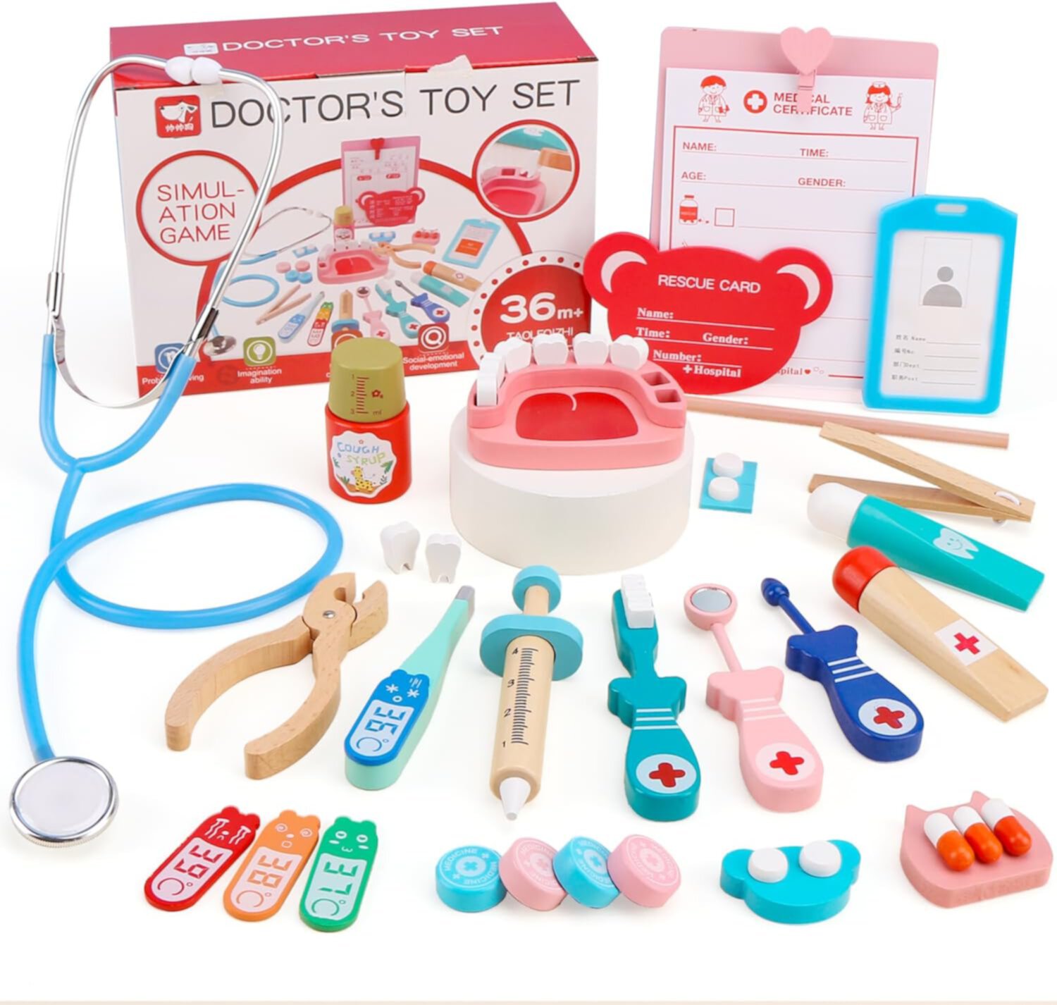 EXERCISE N PLAY Wooden Doctor Pretend Toy Play Set with Doctor Apron, Gifts for Boys  Girls Ages 3+ EXERCISE N PLAY