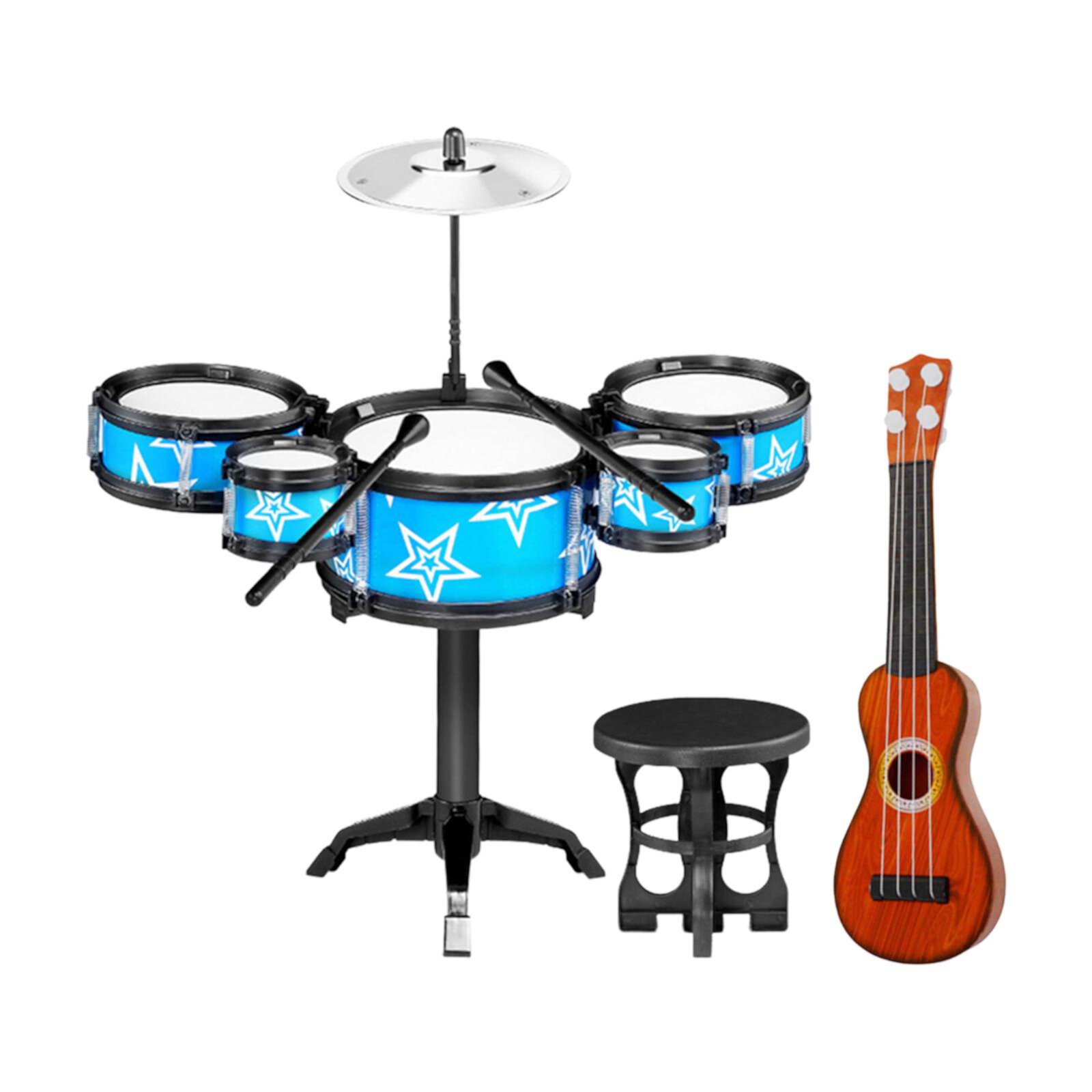 Simulation Kids Drum Toys Jazz Drum Kits Playing Kits with Drumsticks Instrument Set Kids Musical Toys for Boys Children Blue Guitar Chair MERIGLARE