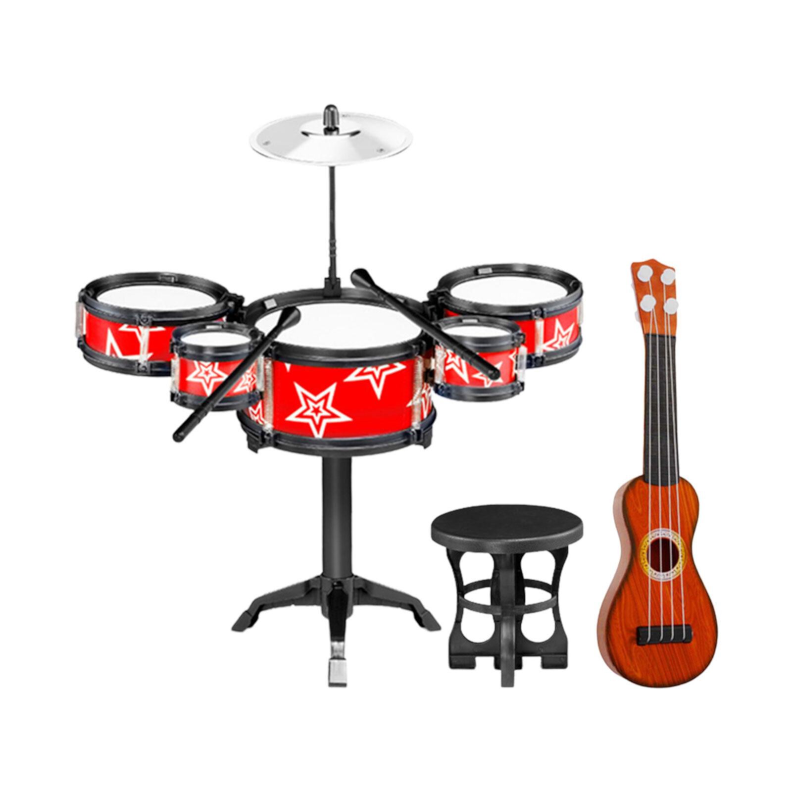 Simulation Kids Drum Toys Jazz Drum Kits Playing Kits with Drumsticks Instrument Set Kids Musical Toys for Boys Children Guitar Red Chair MERIGLARE