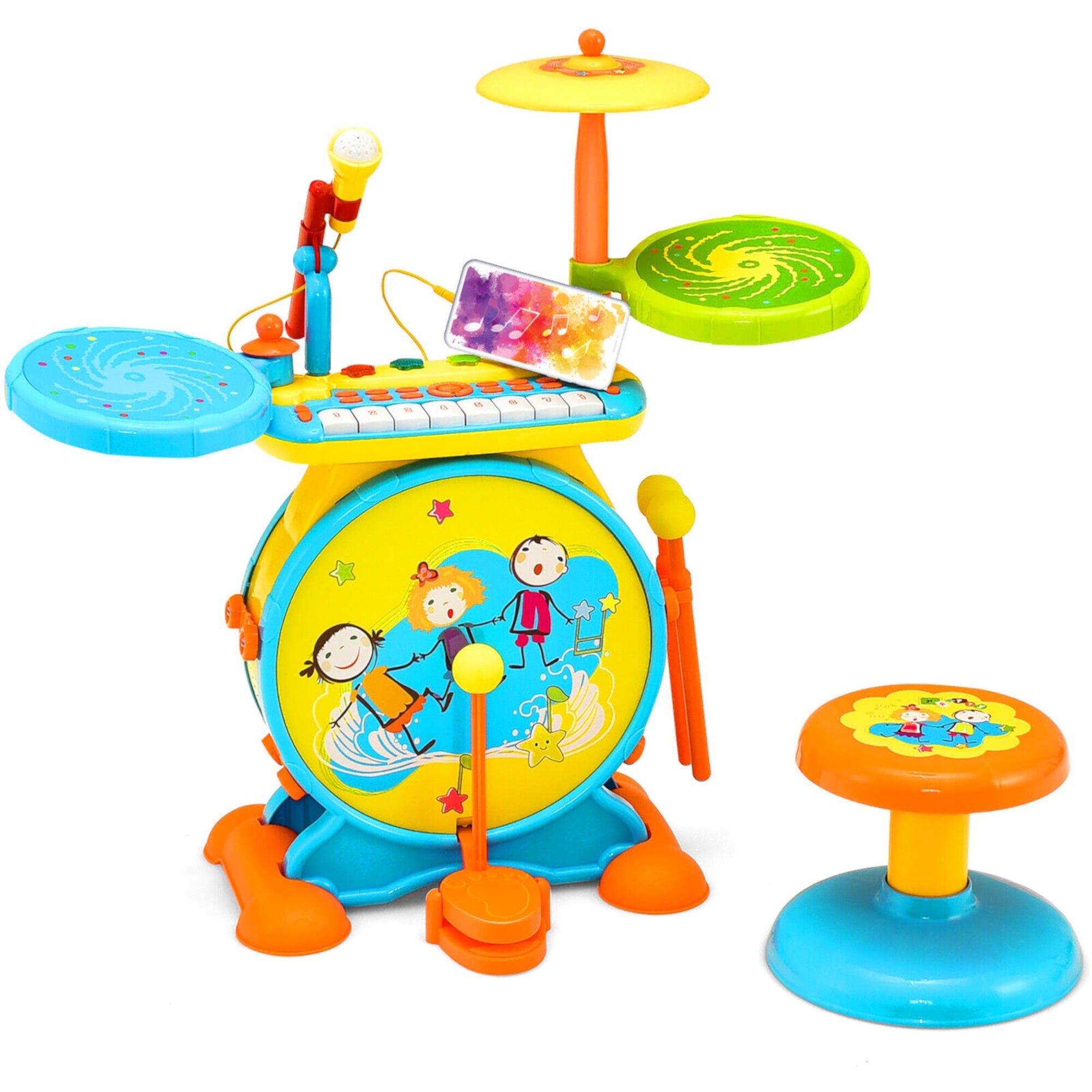 Gymax 2-in-1 Kids Electronic Drum Kit Music Instrument Toy w/ Keyboard Microphone Blue GYMAX