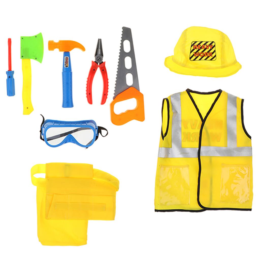 Play Costume Set - 9Piece Construction Worker Fancy Dress for Kids, Builder Dress Up with Hat, Tool Belt, & Repair Tool PETSOLA