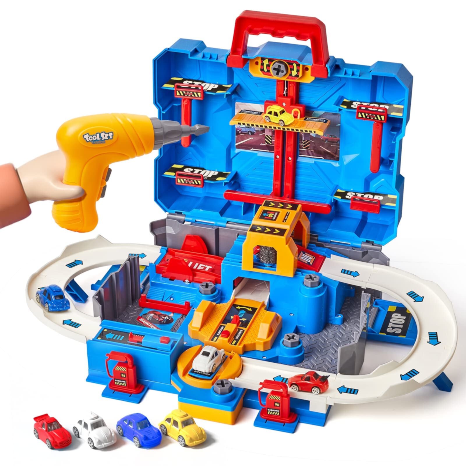 Adofi New Race Track Car Garage, Toy Car Race Track, Roll Up Race Track for Kids, Magnetic Race Track, Parking Adventure Toy, Cars Playsets with 4 Cars, Best Gifts Age 3 4 5 6 7+ Years Old Boys Girls Adofi