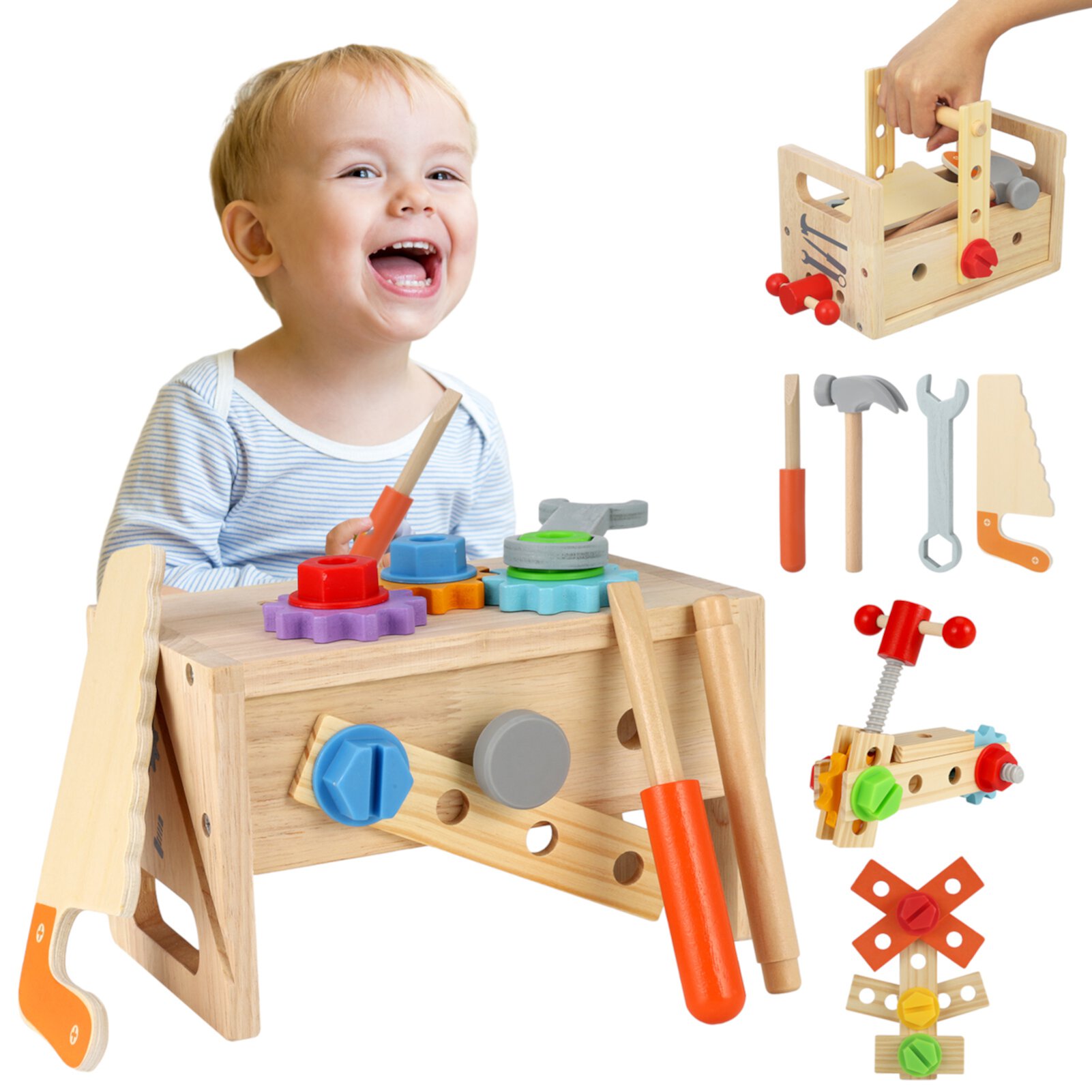 sixwipe 29 Pcs Wooden Tool Set for Kids Toddlers, Tool Bench Pretend Play Toddler Wooden Tool Toys, Educational Toys for 3+ Year Old, STEM Construction Toy Birthday Gift for Boys Girls Sixwipe