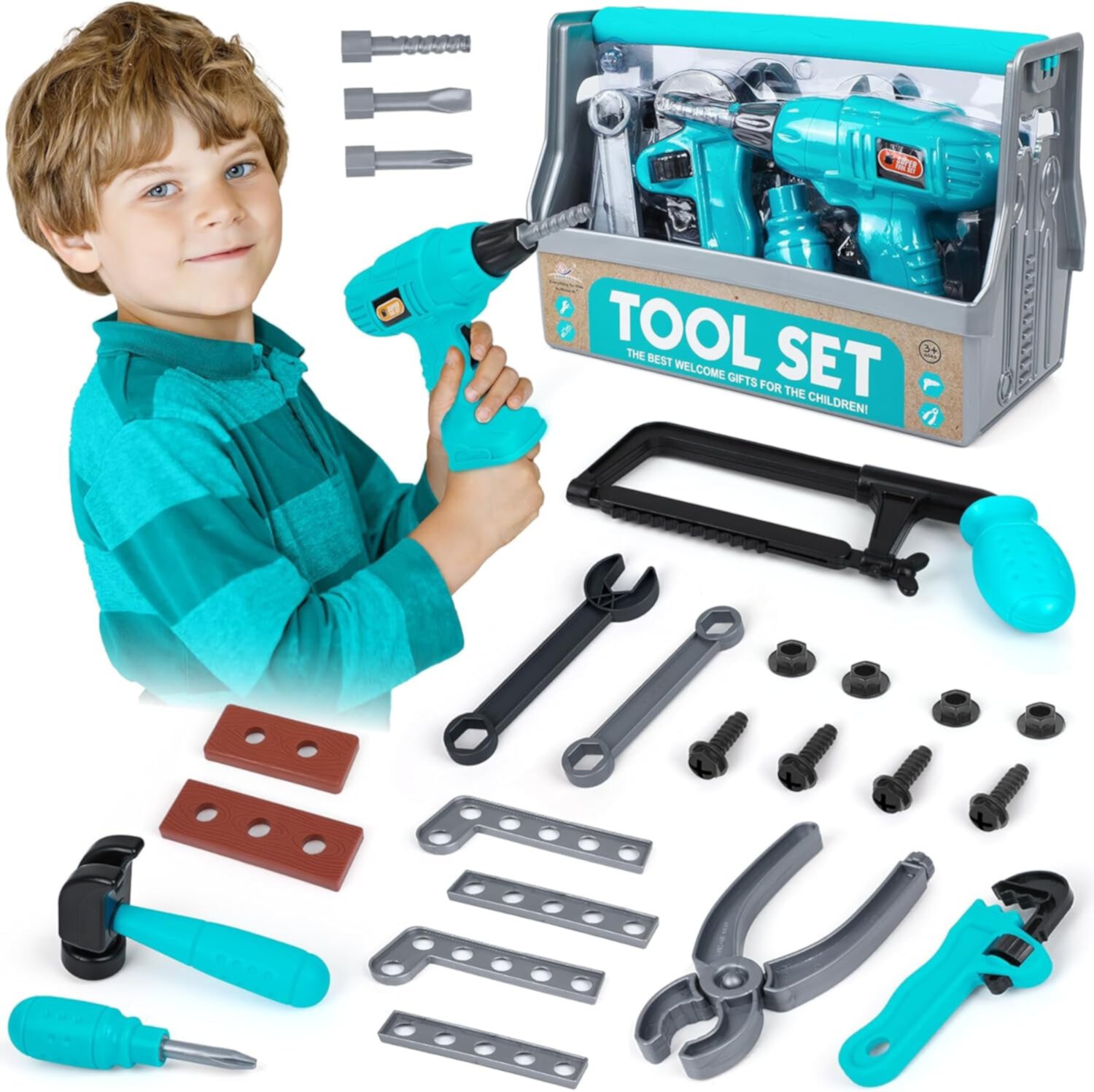 Kids Tool Set, 18 Pcs Pretend Play Tool Toy, Tool Set for Boys Girls 3-5, Birthday Gift for Toddler Kids Ages 3+ (Blue) EXERCISE N PLAY