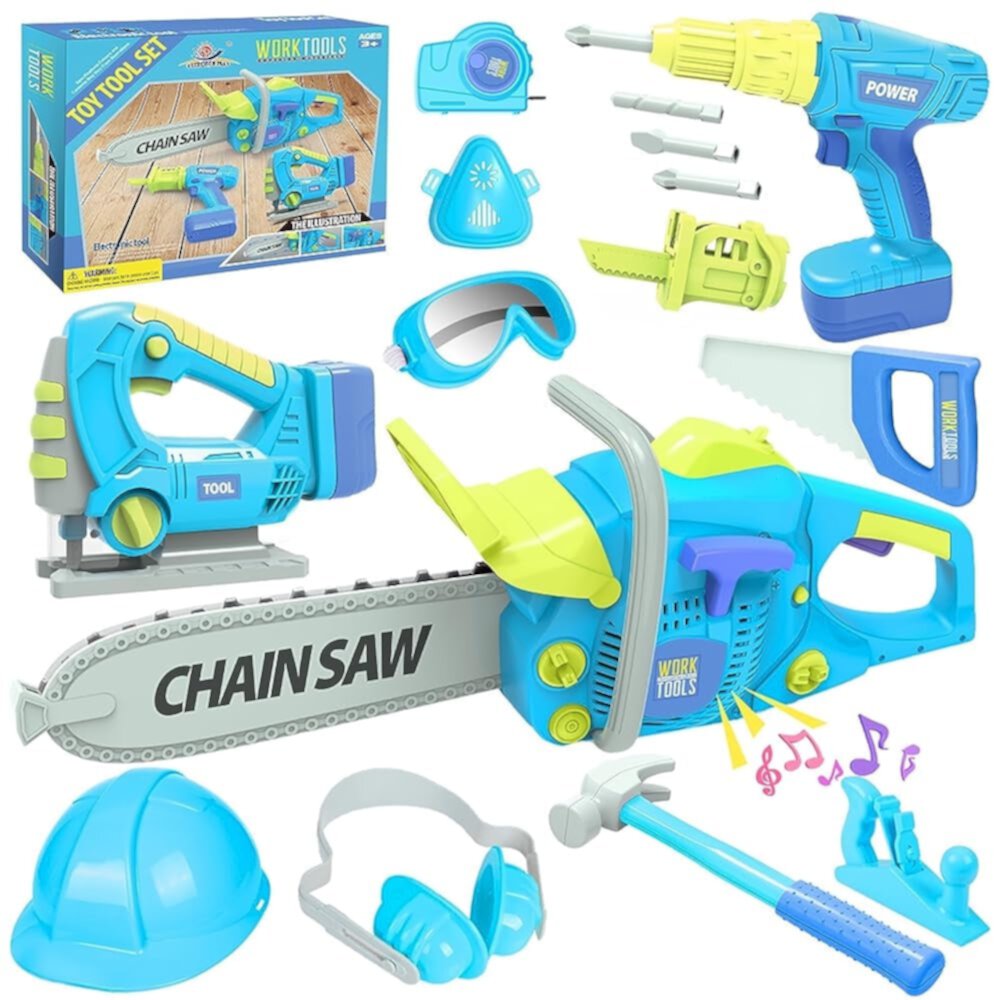 ENP Kids Tool Set, Electric Drill Chainsaw Tools Kit for Toddler, Tool Playset Kit for Boys Girls 3 4 5 6,Christmas Gift for Kids, Blue EXERCISE N PLAY