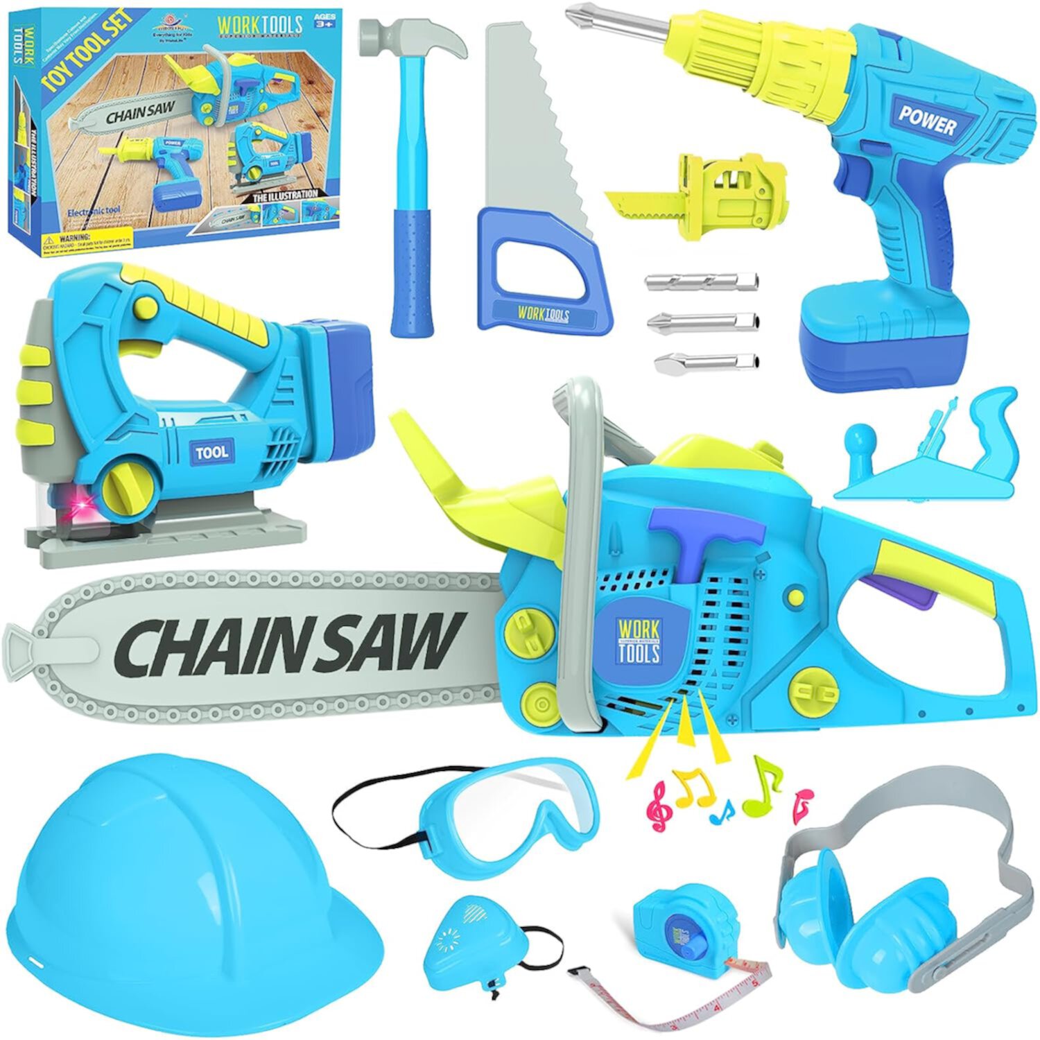 Kids Tool Set - Toddler Tool Set with Electric Toy Chainsaw, Toy Drill, Kids Construction Tool Set, Pretend Play Tool Toys Gift for Toddlers Boys Ages 3 4 5 6 7 Years Old (Blue) EXERCISE N PLAY