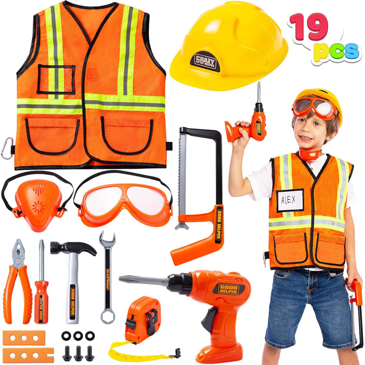 JOYIN 19 Pcs Kids Toy Tool Set, Pretend Play Toddler Tool Workbenches with Construction Worker Hat Costume & Electronic Toy Drill JOYIN